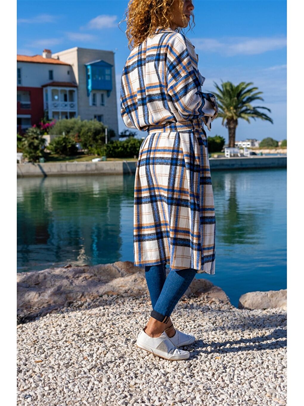 Mavi Gömlek Yaka Ekose Uzun Kollu Kadın Ceket-1