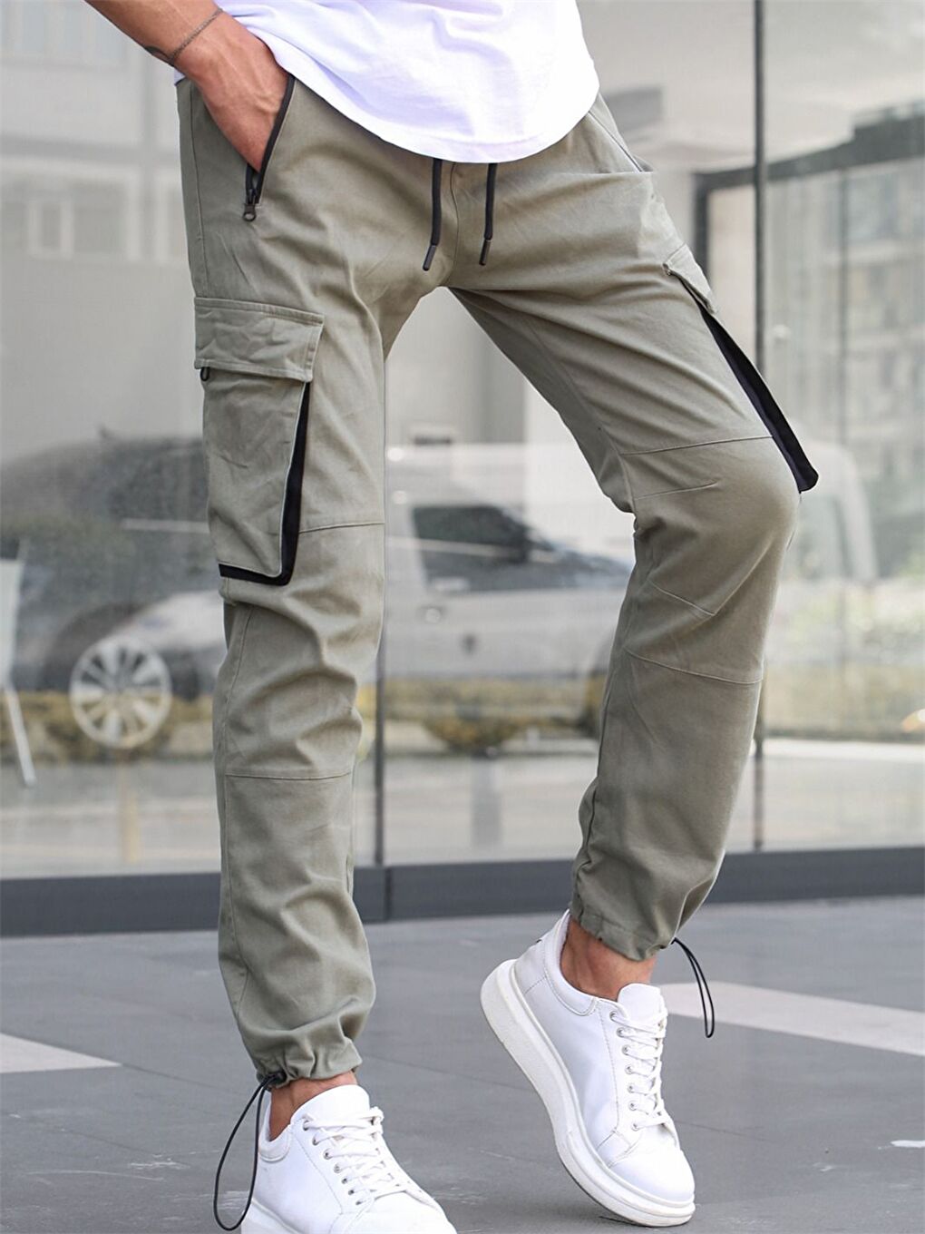 Yeşil Slim Fit Gabardin Erkek Kargo Pantolon