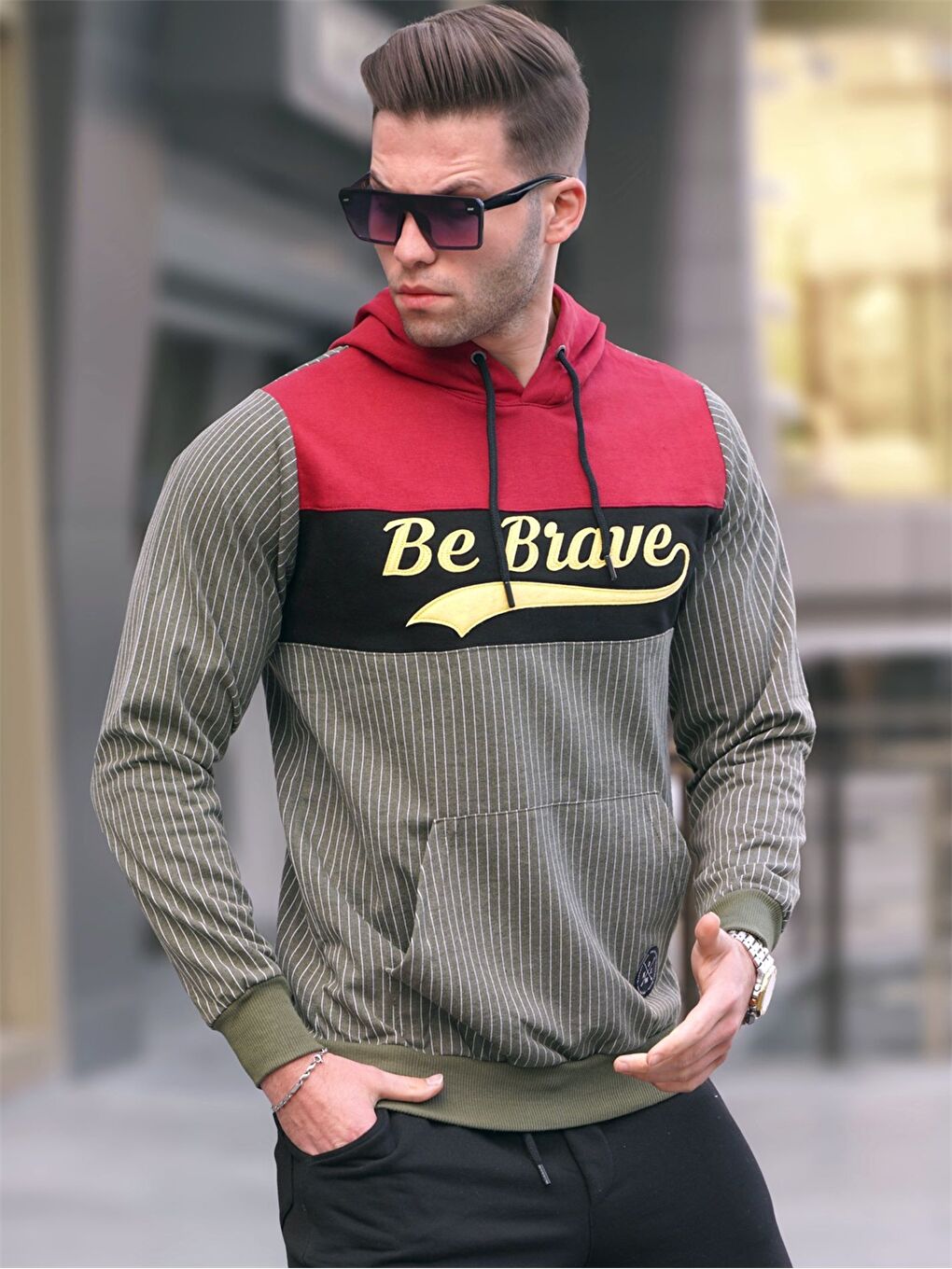 Haki Uzun Kollu Baskılı Erkek Hoodie