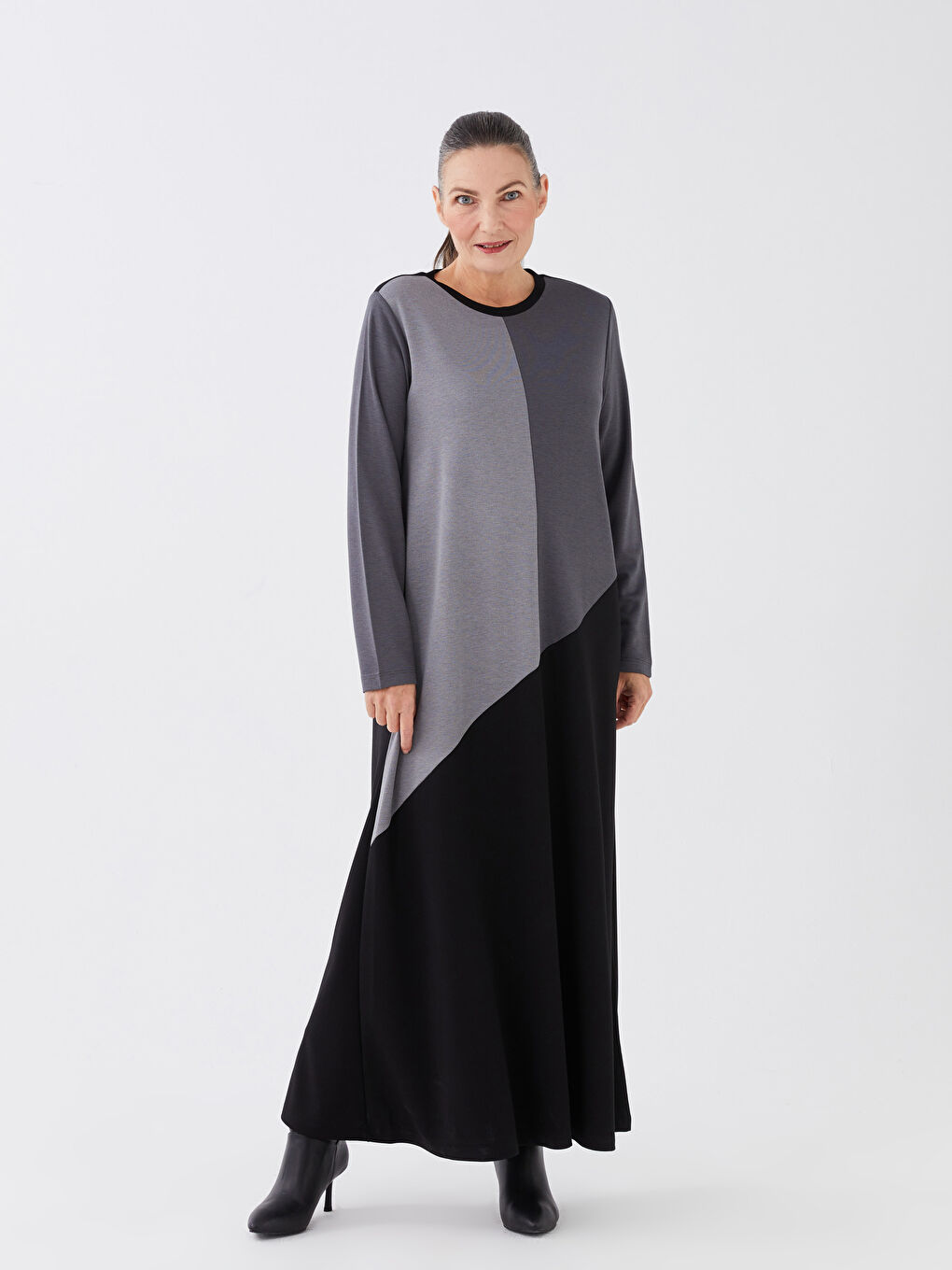 Siyah Bisiklet Yaka Renk Bloklu Uzun Kollu A Kesim Kadın Elbise