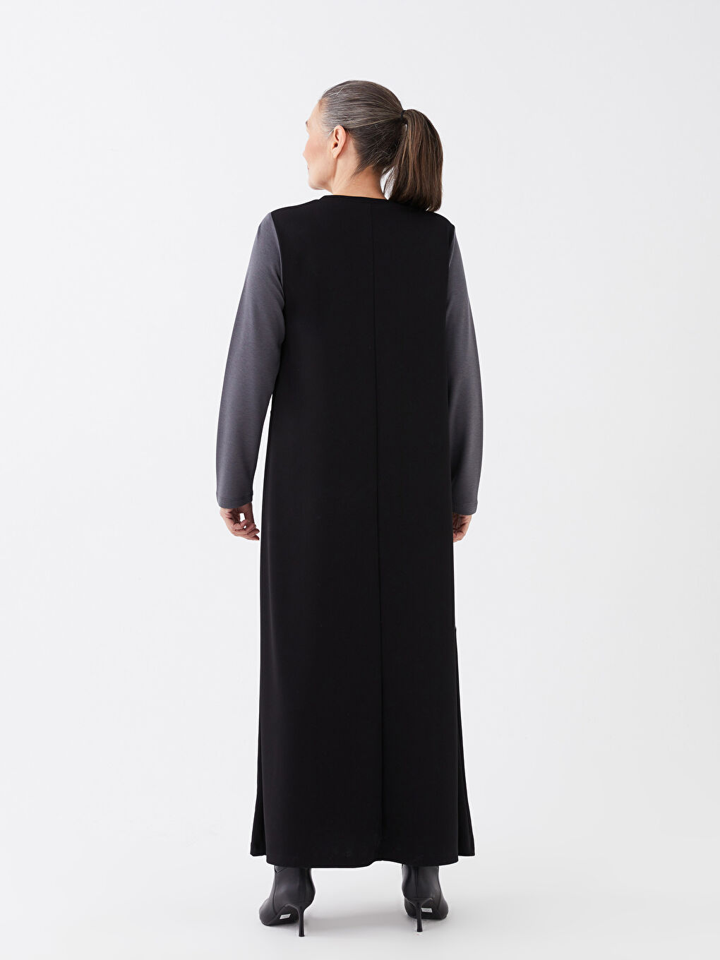 Siyah Bisiklet Yaka Renk Bloklu Uzun Kollu A Kesim Kadın Elbise-4