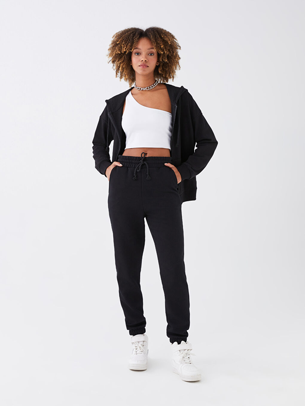 Pantaloni de trening jogger groși cu talie elastică pentru femei-1