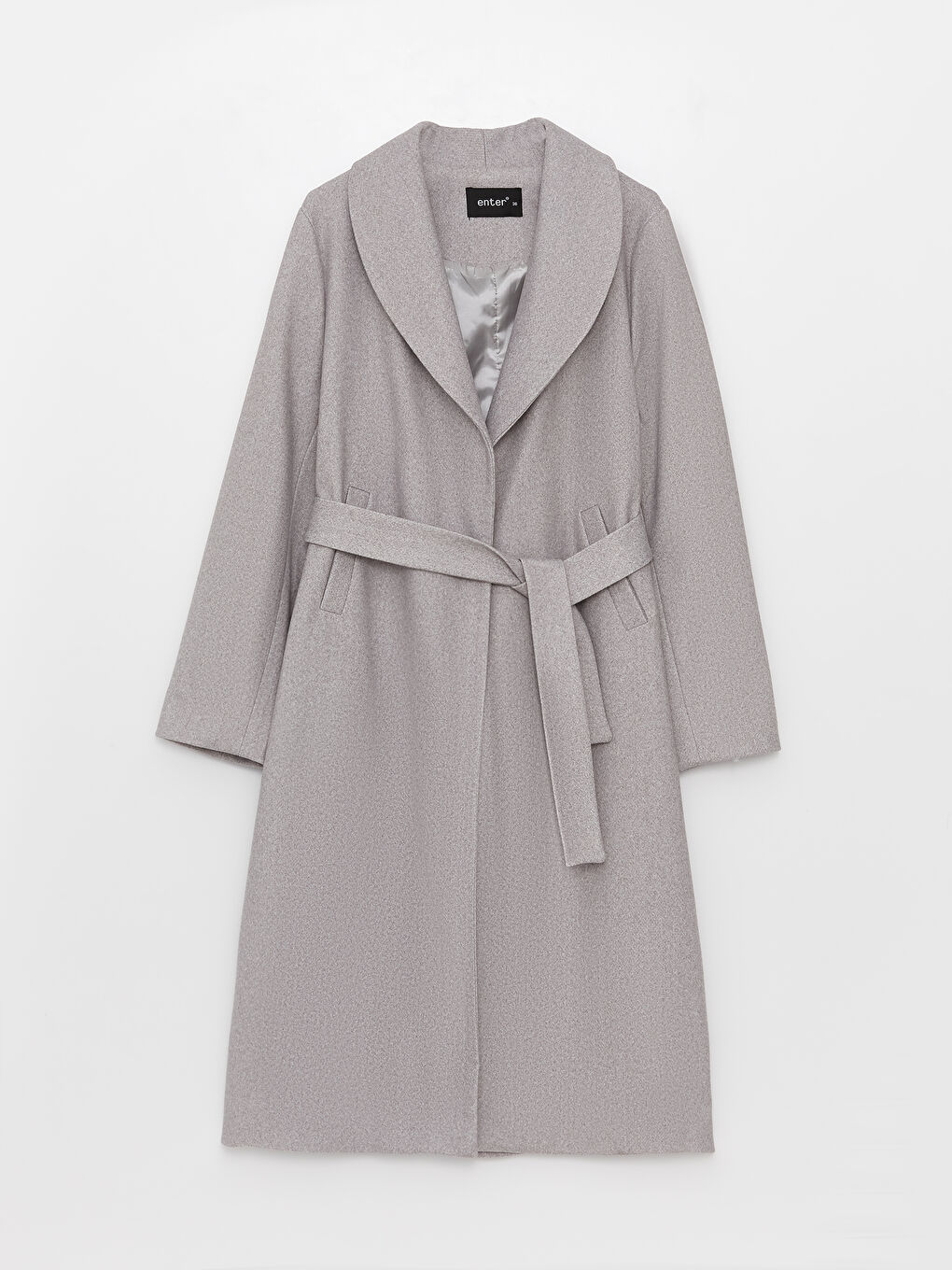 Gri Ceket Yaka Düz Uzun Kollu Oversize Kadın Kaşe Kaban