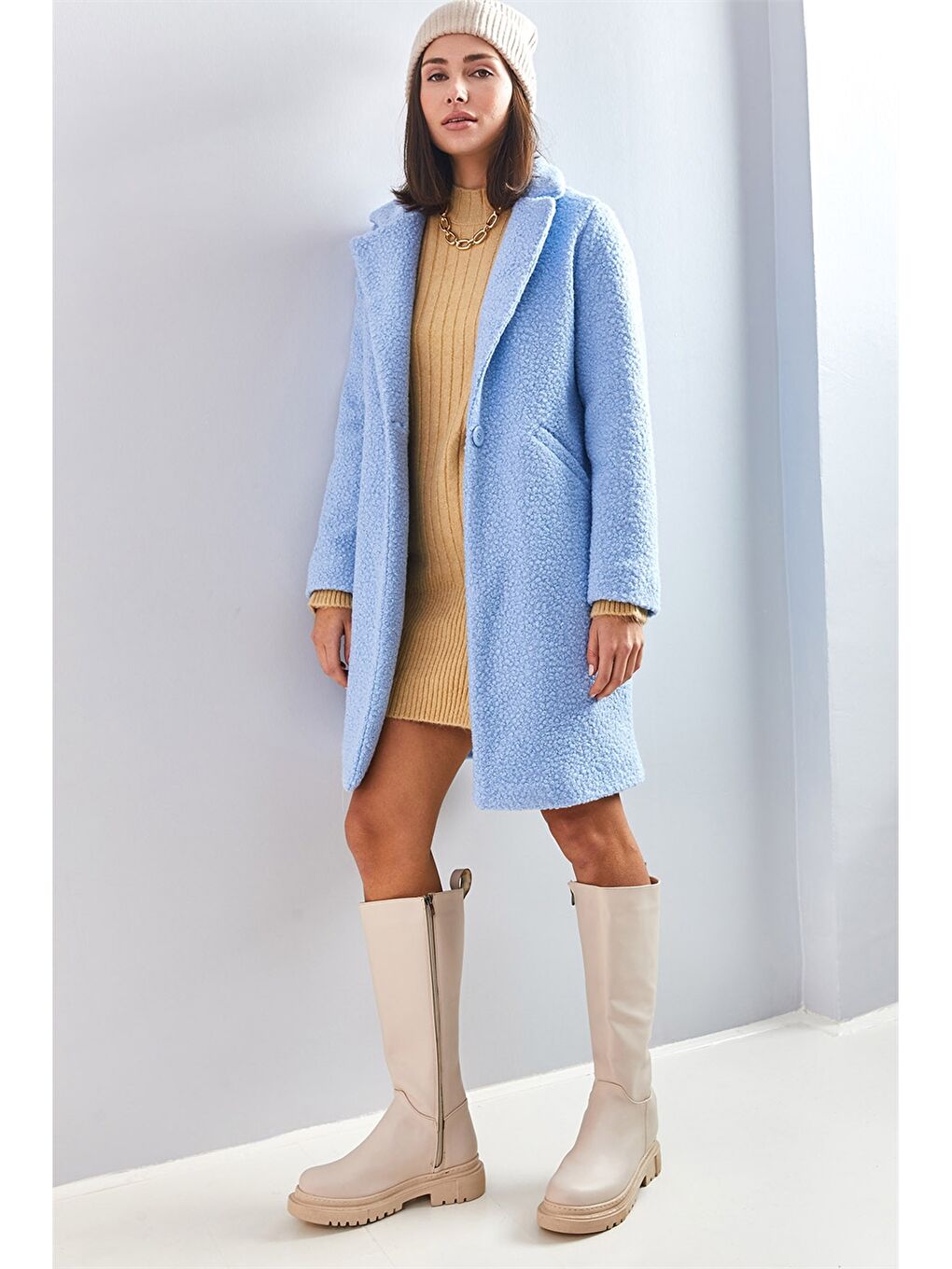 Mavi Ceket Yaka Düz Uzun Kollu Kadın Kaban