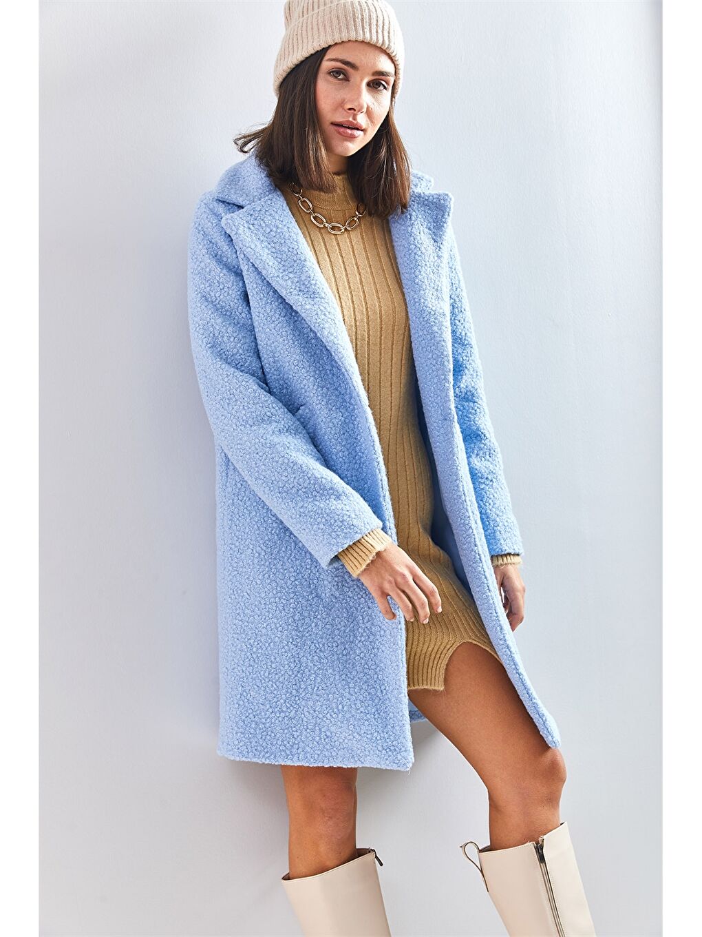 Mavi Ceket Yaka Düz Uzun Kollu Kadın Kaban-1