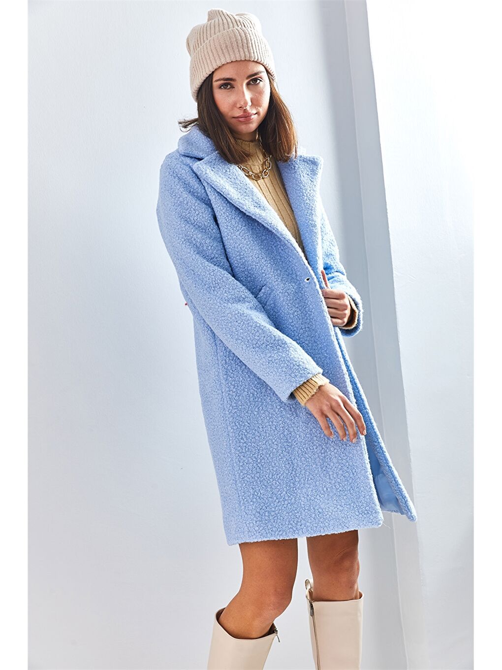 Mavi Ceket Yaka Düz Uzun Kollu Kadın Kaban-2