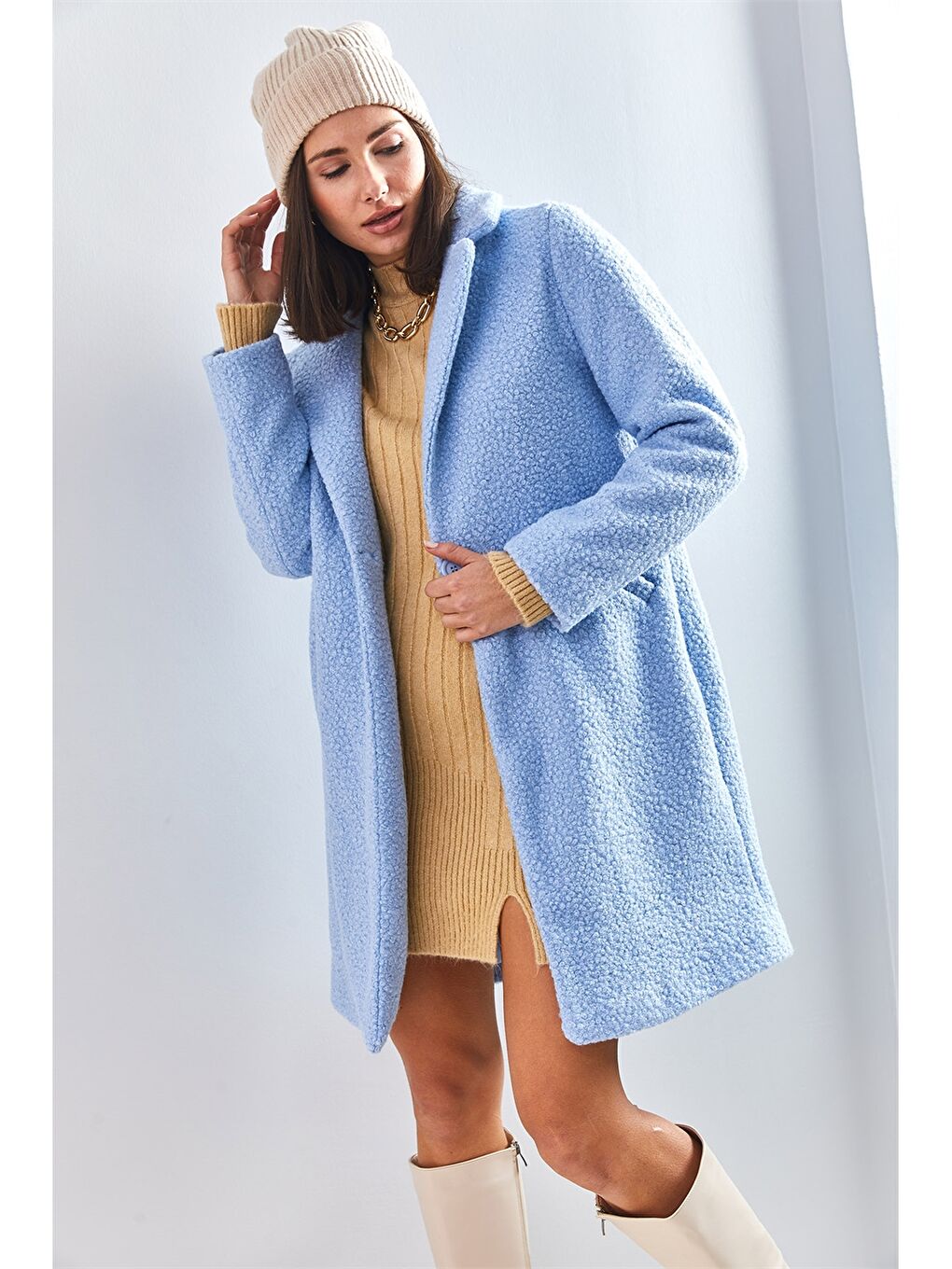 Mavi Ceket Yaka Düz Uzun Kollu Kadın Kaban-3