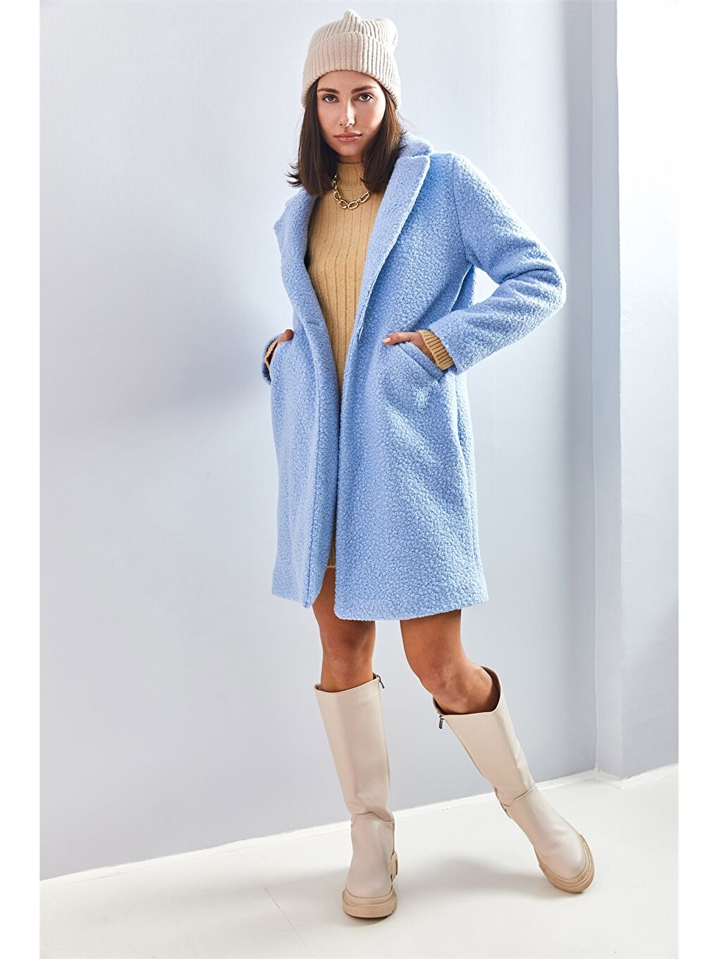 Mavi Ceket Yaka Düz Uzun Kollu Kadın Kaban-4