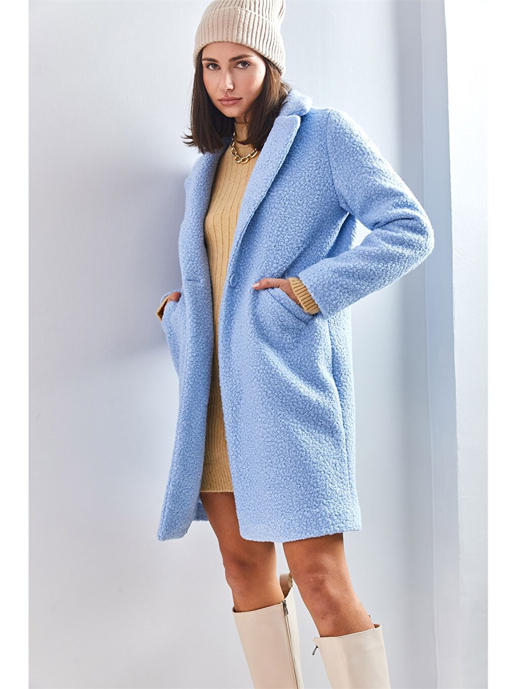 Mavi Ceket Yaka Düz Uzun Kollu Kadın Kaban-5