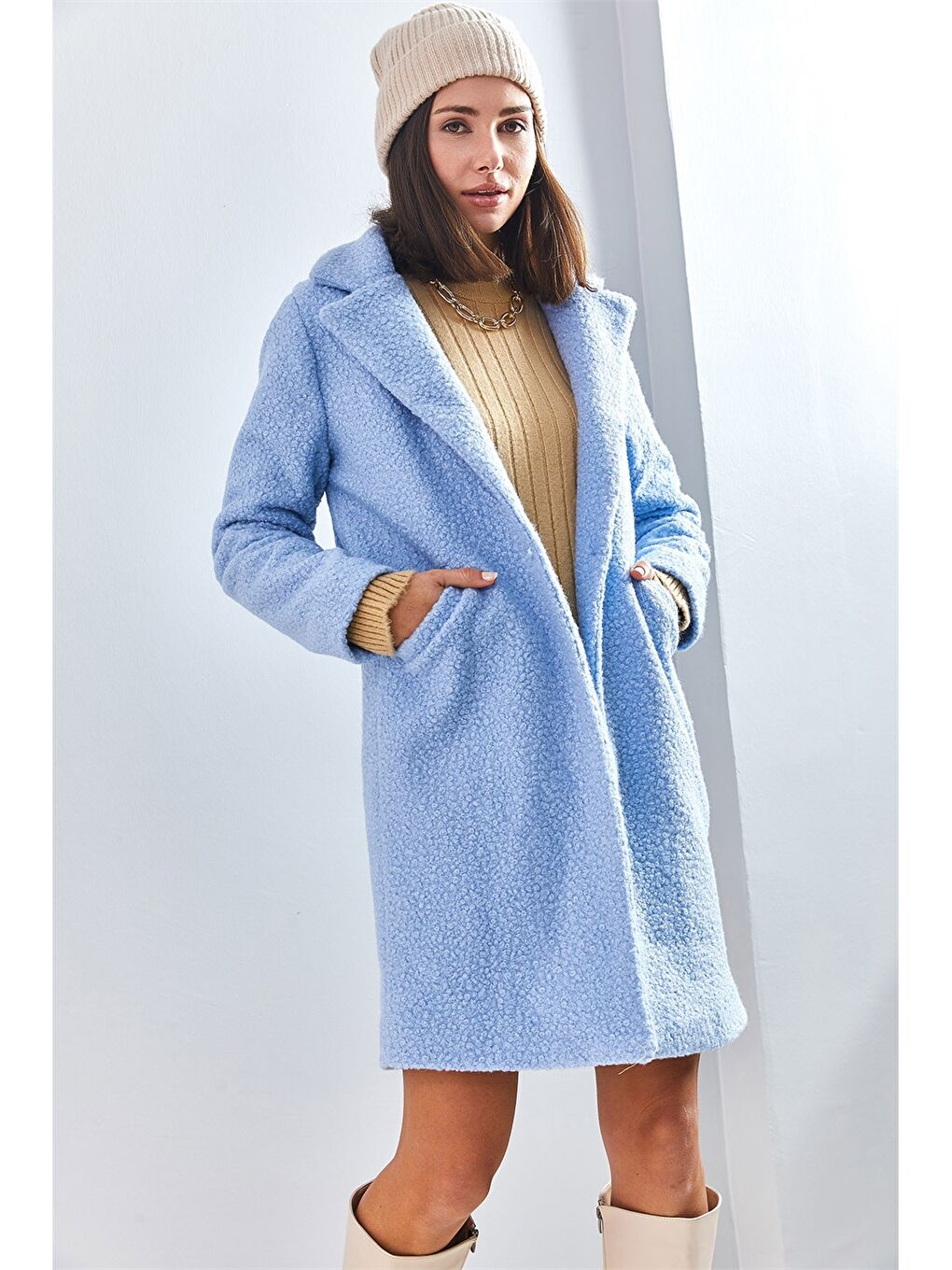 Mavi Ceket Yaka Düz Uzun Kollu Kadın Kaban-6