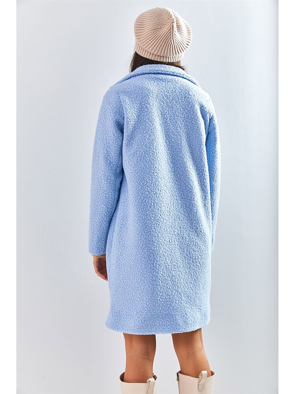 Mavi Ceket Yaka Düz Uzun Kollu Kadın Kaban-7