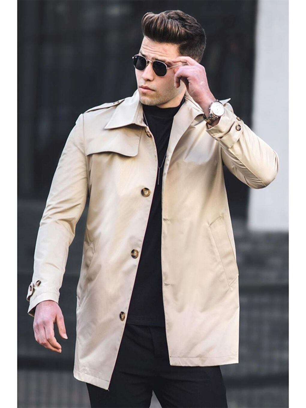 Bej Slim Fit Gömlek Yaka Gabardin Erkek Trençkot