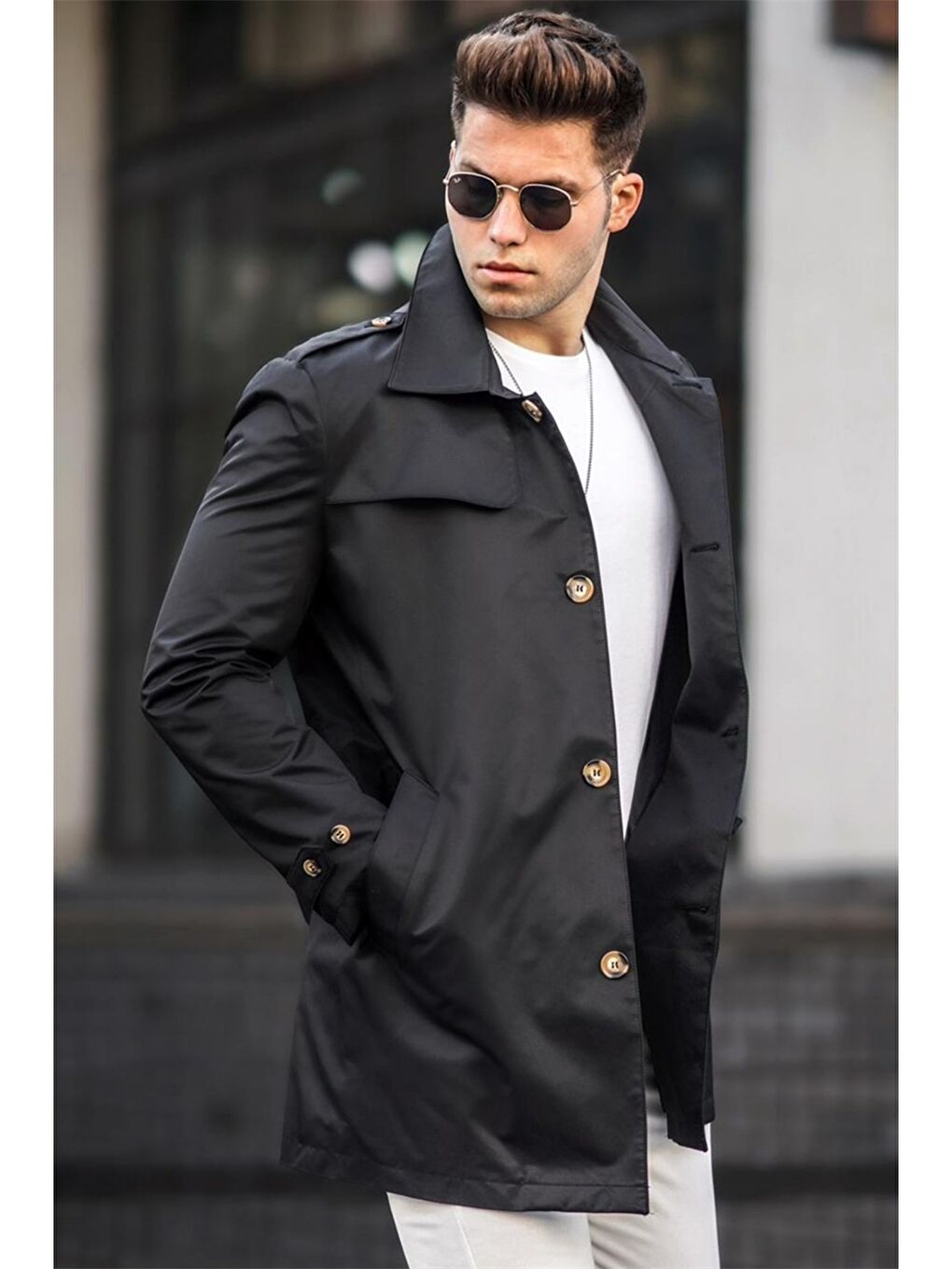 Siyah Slim Fit Gömlek Yaka Gabardin Erkek Trençkot