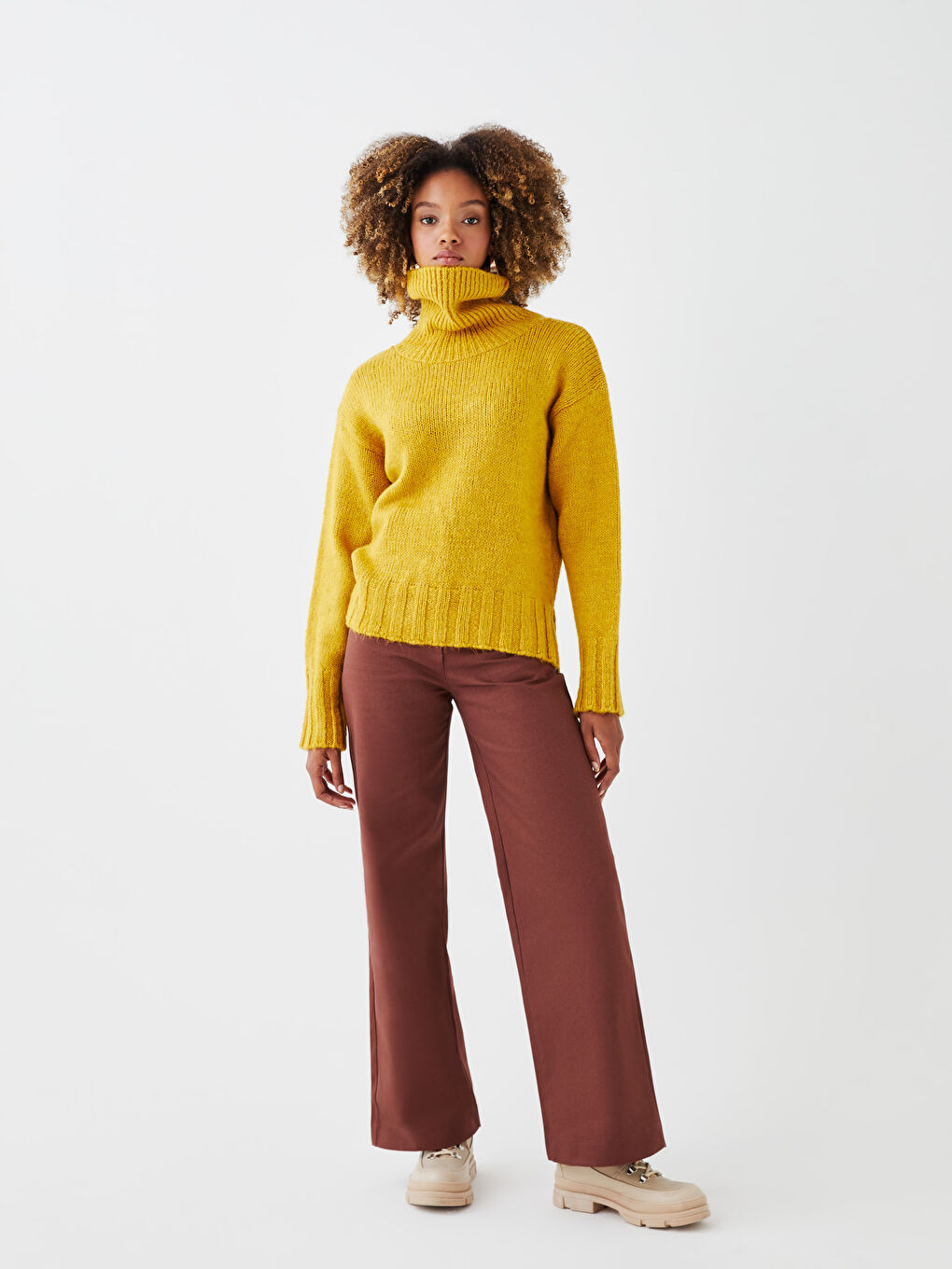 Sarı Balıkçı Yaka Düz Uzun Kollu Kadın Triko Kazak-2