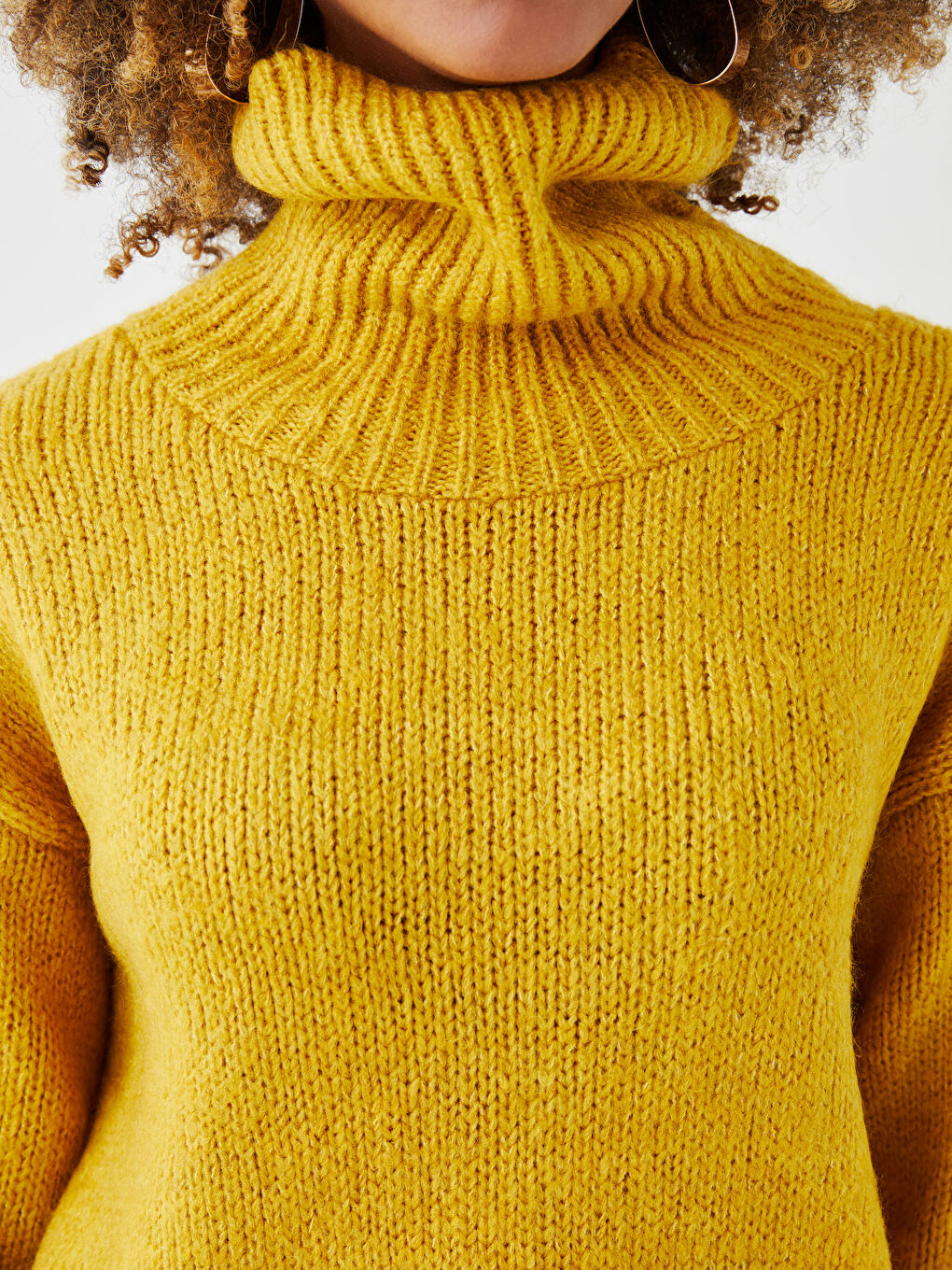 Sarı Balıkçı Yaka Düz Uzun Kollu Kadın Triko Kazak-3