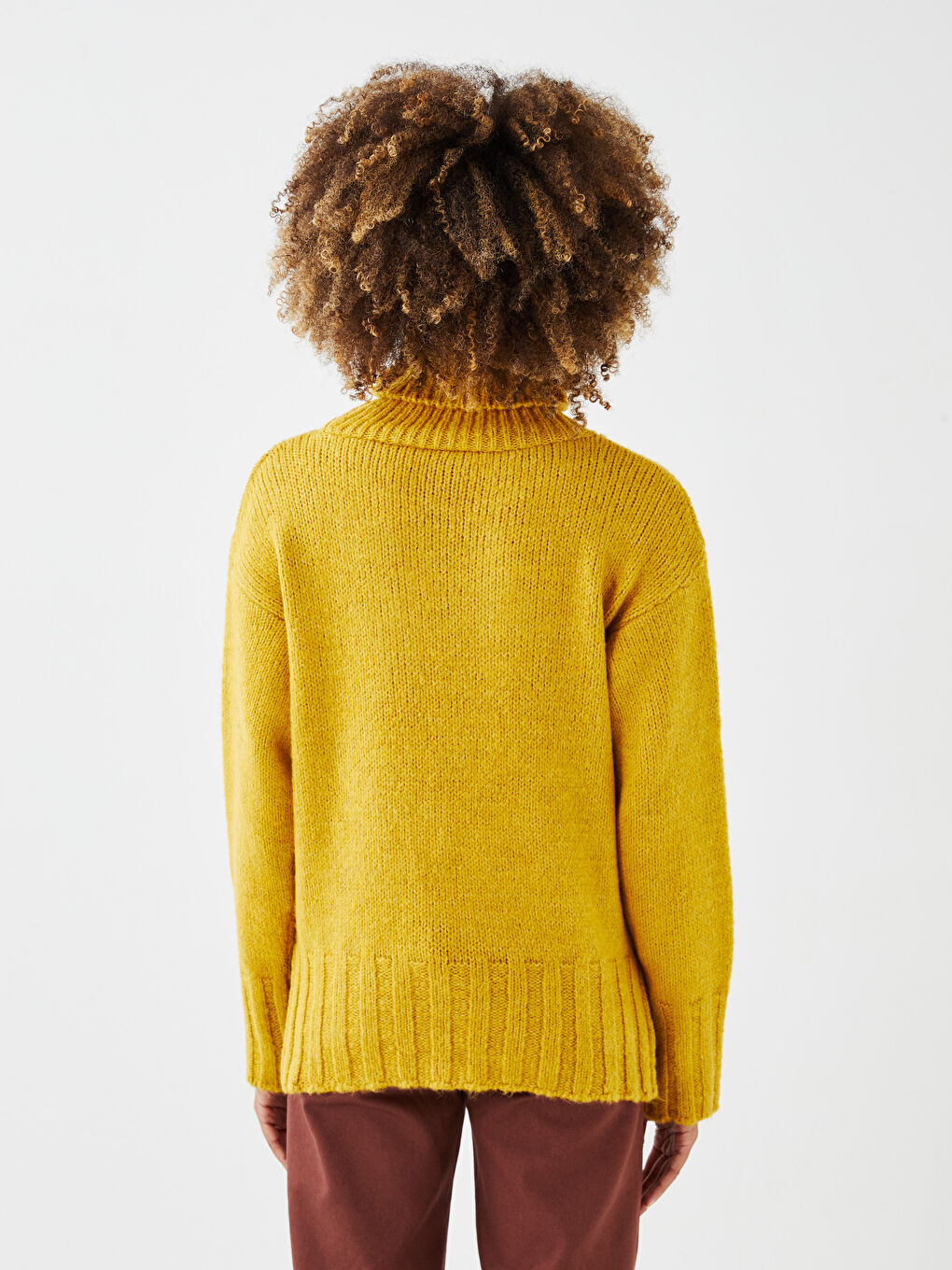 Sarı Balıkçı Yaka Düz Uzun Kollu Kadın Triko Kazak-4