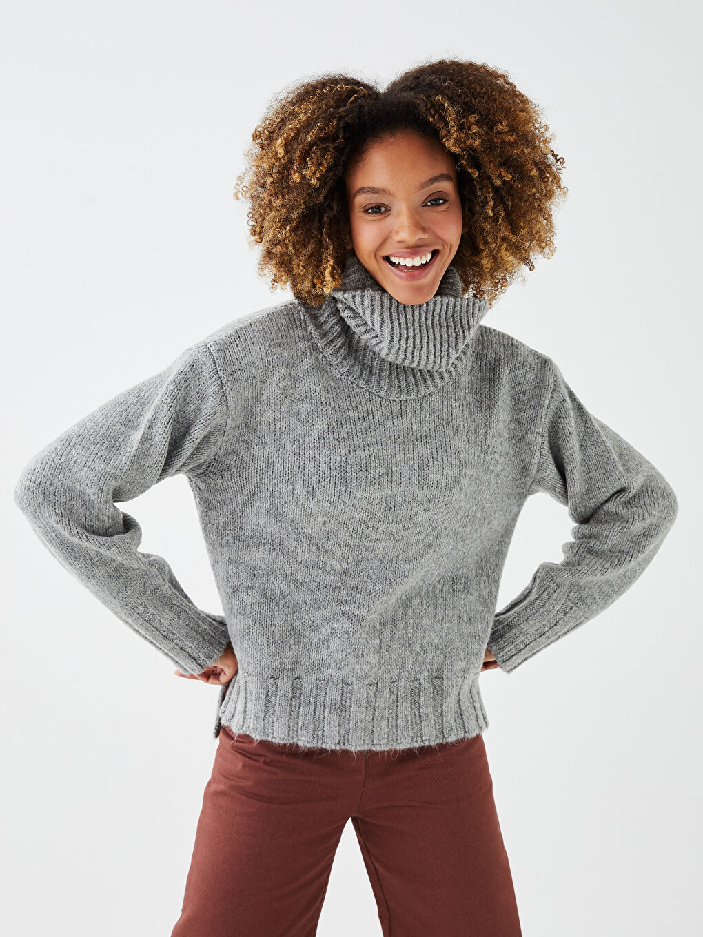 Gri Balıkçı Yaka Düz Uzun Kollu Kadın Triko Kazak-1