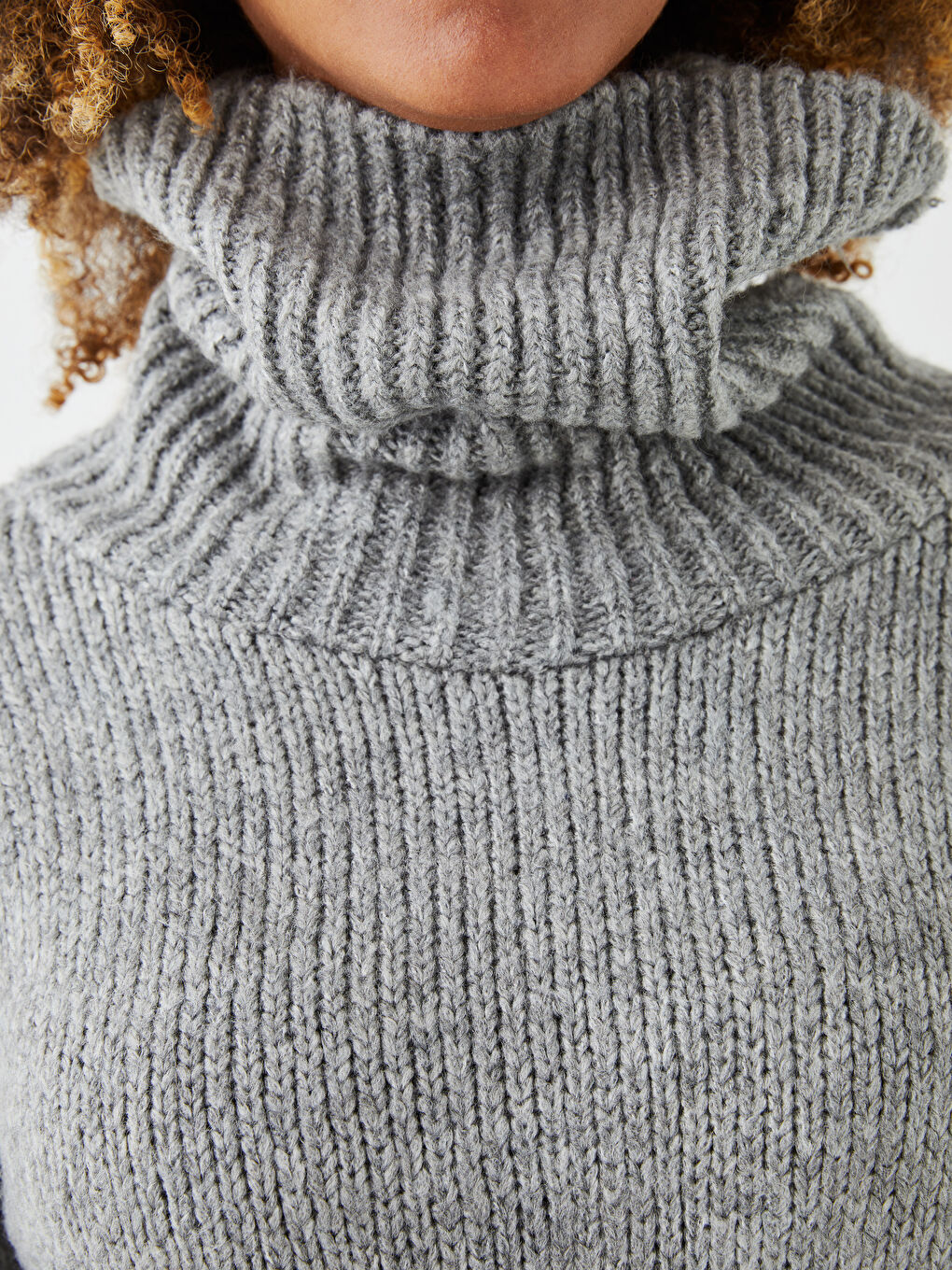 Gri Balıkçı Yaka Düz Uzun Kollu Kadın Triko Kazak-4