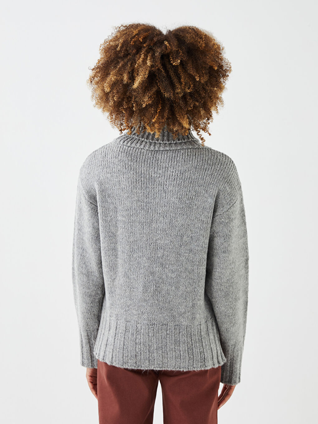 Gri Balıkçı Yaka Düz Uzun Kollu Kadın Triko Kazak-5