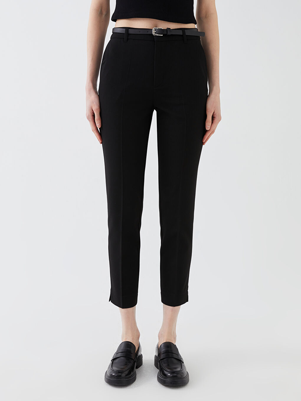 Siyah Standart Fit Düz Kemerli Kadın Pantolon-2