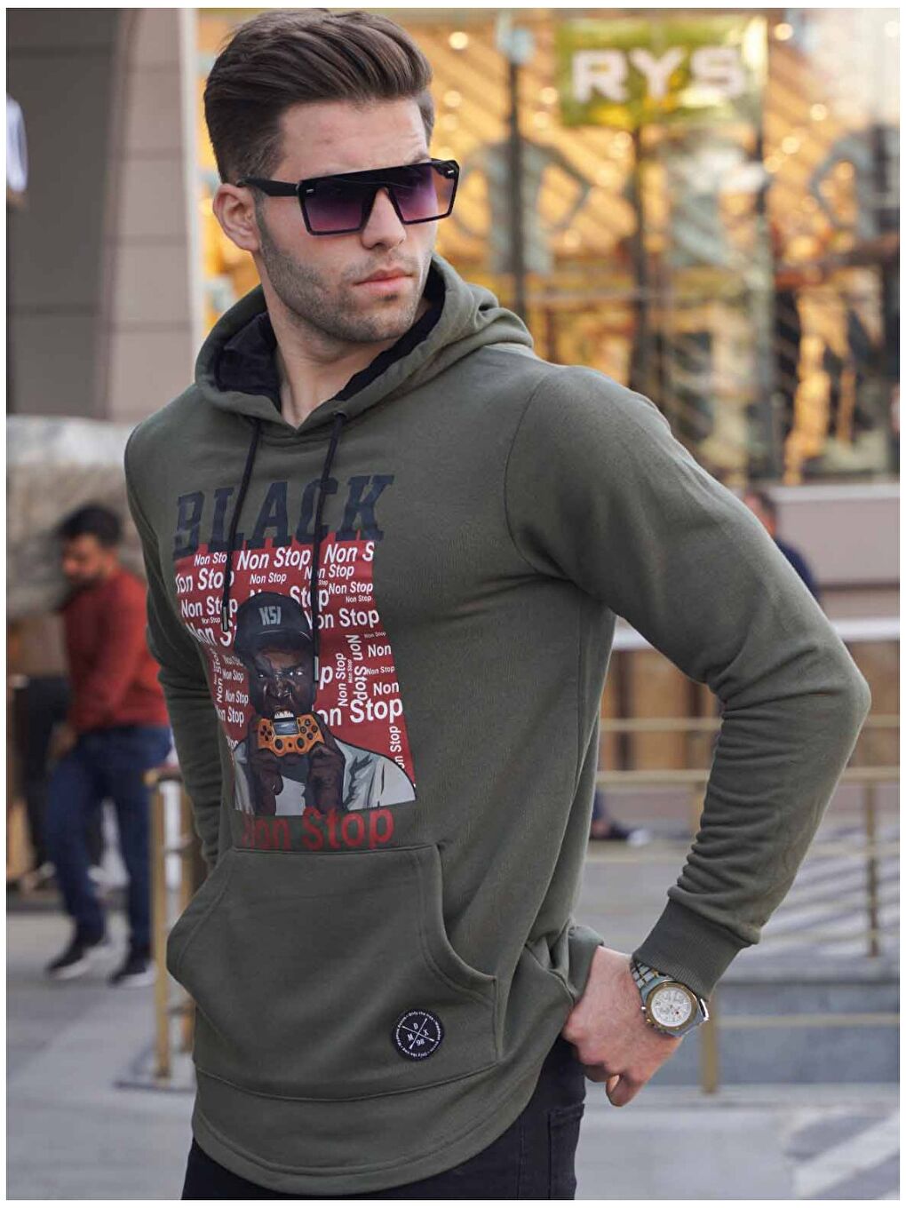 Haki Uzun Kollu Baskılı Erkek Hoodie