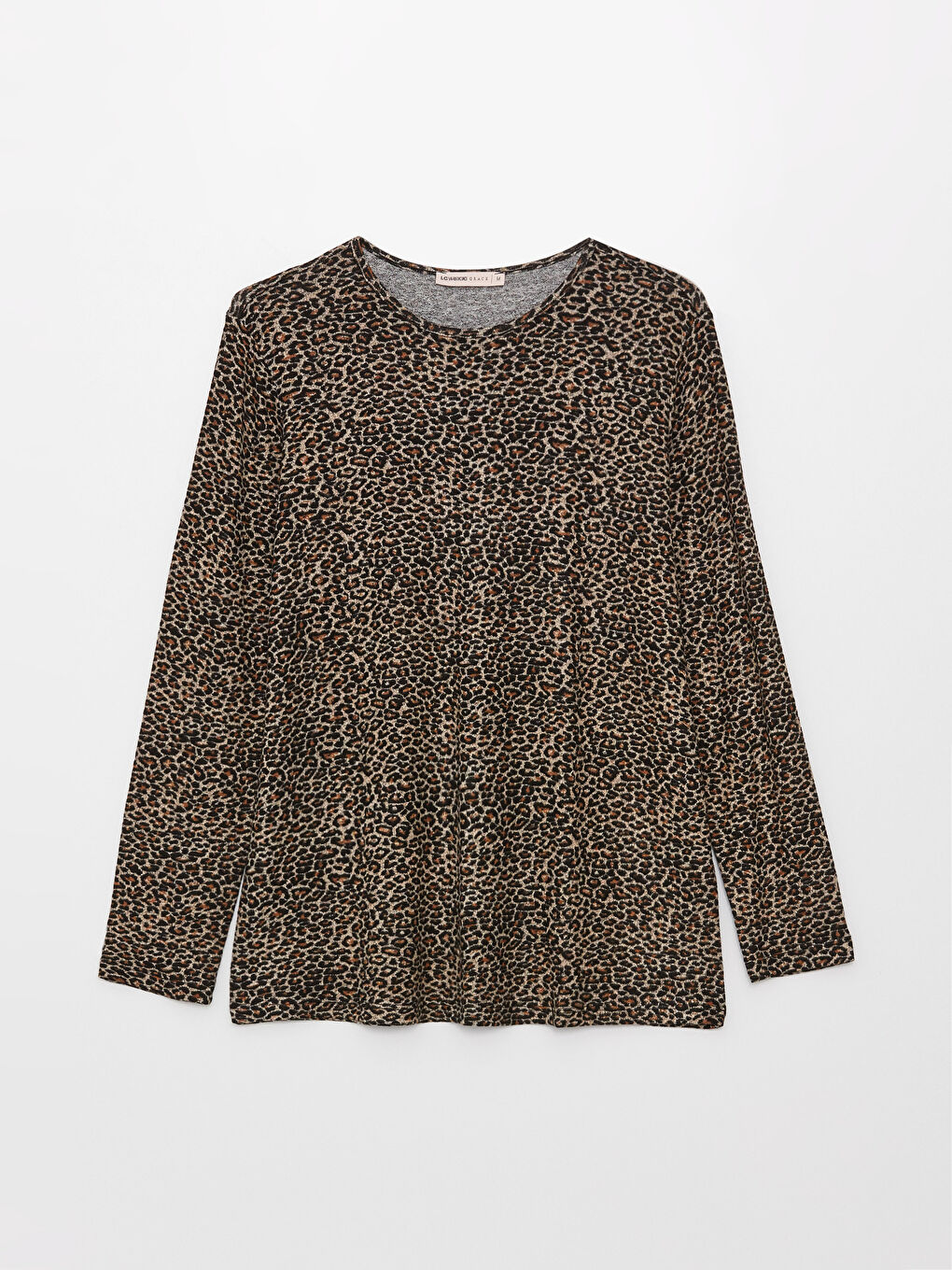 Bej Bisiklet Yaka Desenli Uzun Kollu Kadın Tişört-5