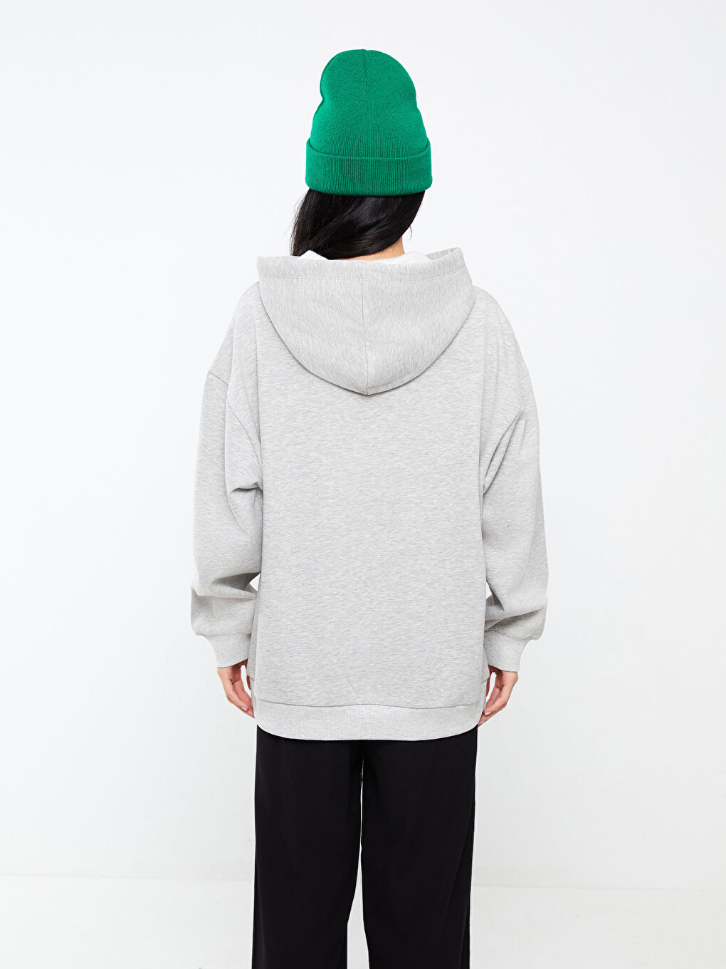 LCW Vision Açık Gri Melanj Baskılı Oversize Kadın Kalın Hoodie - 4