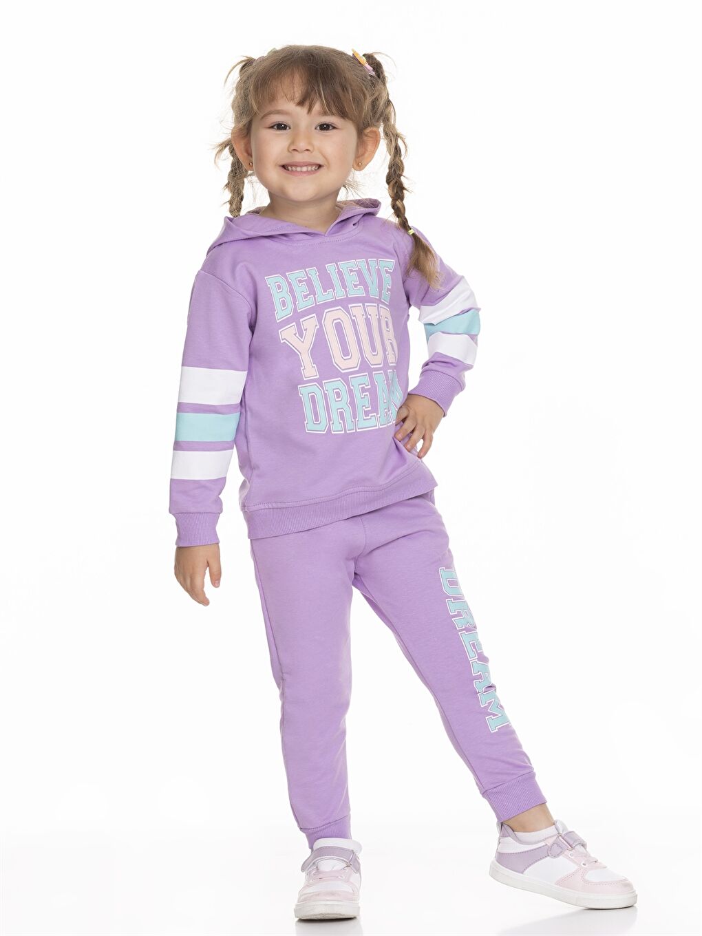 Lila Kapüşonlu Uzun Kollu Baskılı Kız Bebek Sweatshirt ve Eşofman Alt 2'li Takım