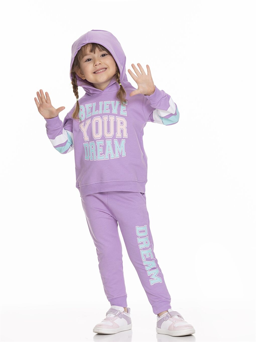 Lila Kapüşonlu Uzun Kollu Baskılı Kız Bebek Sweatshirt ve Eşofman Alt 2'li Takım-1