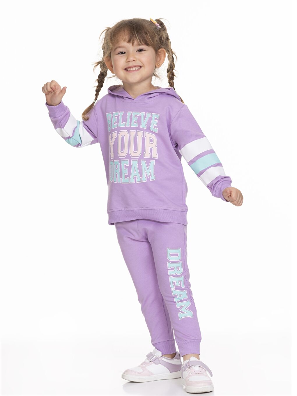 Lila Kapüşonlu Uzun Kollu Baskılı Kız Bebek Sweatshirt ve Eşofman Alt 2'li Takım-2