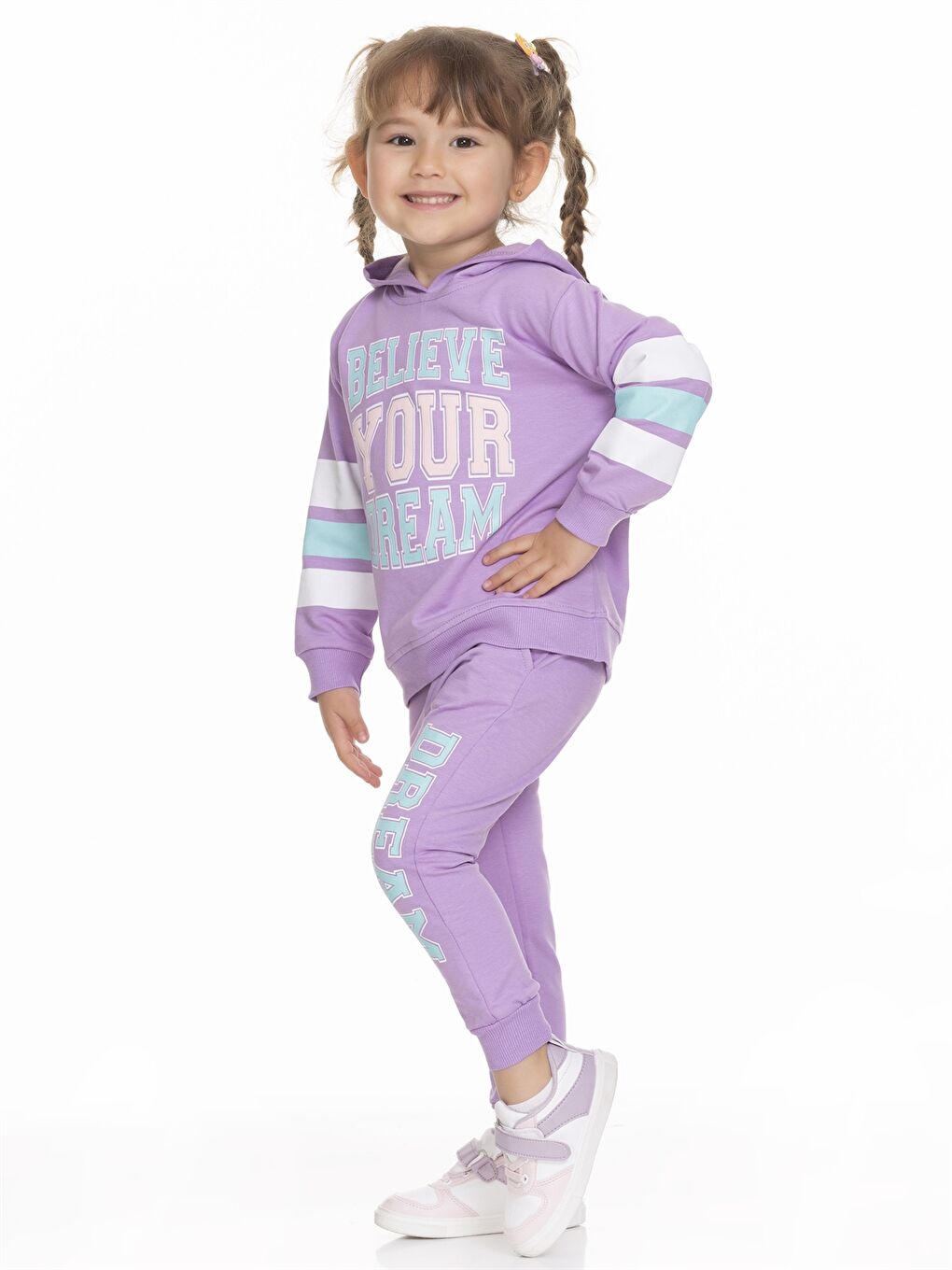 Lila Kapüşonlu Uzun Kollu Baskılı Kız Bebek Sweatshirt ve Eşofman Alt 2'li Takım-3