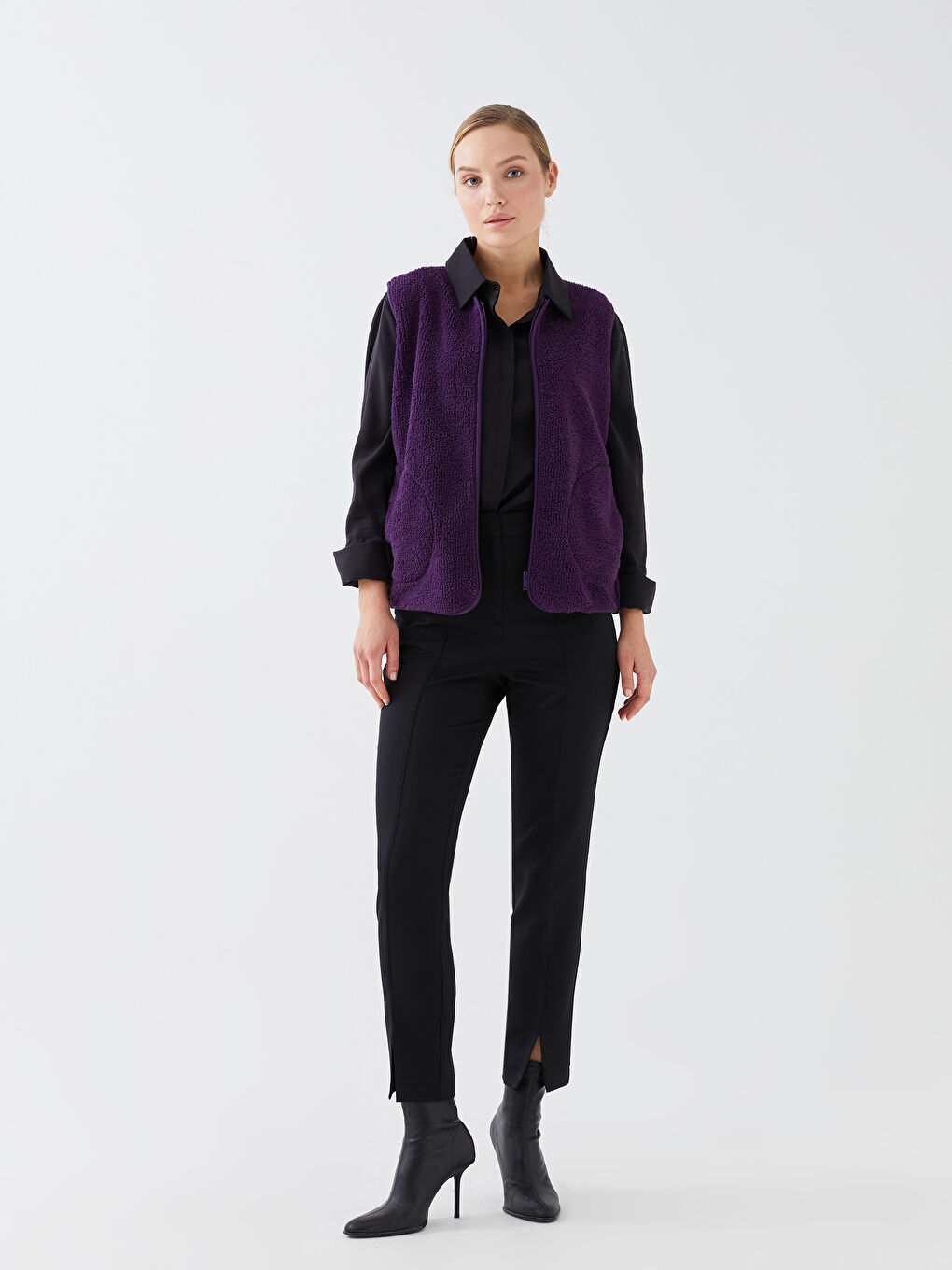Mor V Yaka Düz Pelüş Kadın Yelek-2