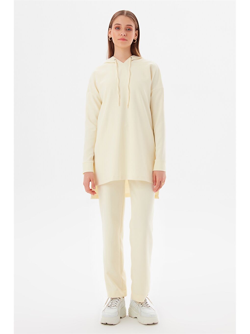 Ekru Kapüşonlu Düz Uzun Kollu Kadın Sweatshirt ve Eşofman Altı Takım