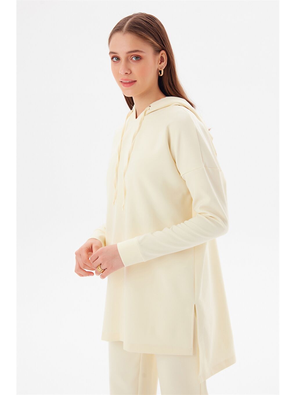 Ekru Kapüşonlu Düz Uzun Kollu Kadın Sweatshirt ve Eşofman Altı Takım-1