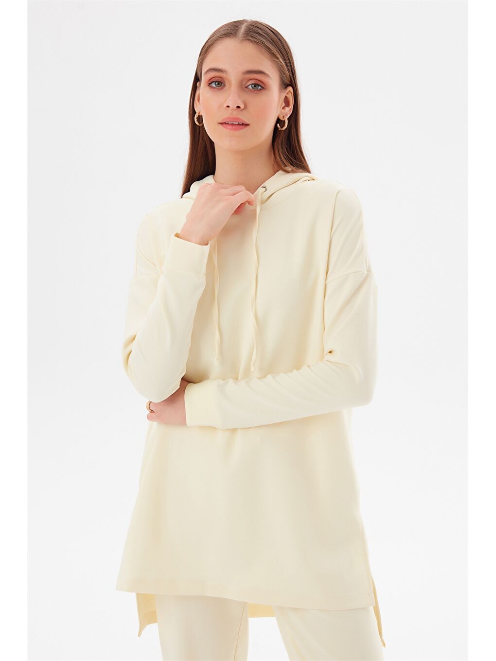 Ekru Kapüşonlu Düz Uzun Kollu Kadın Sweatshirt ve Eşofman Altı Takım-2