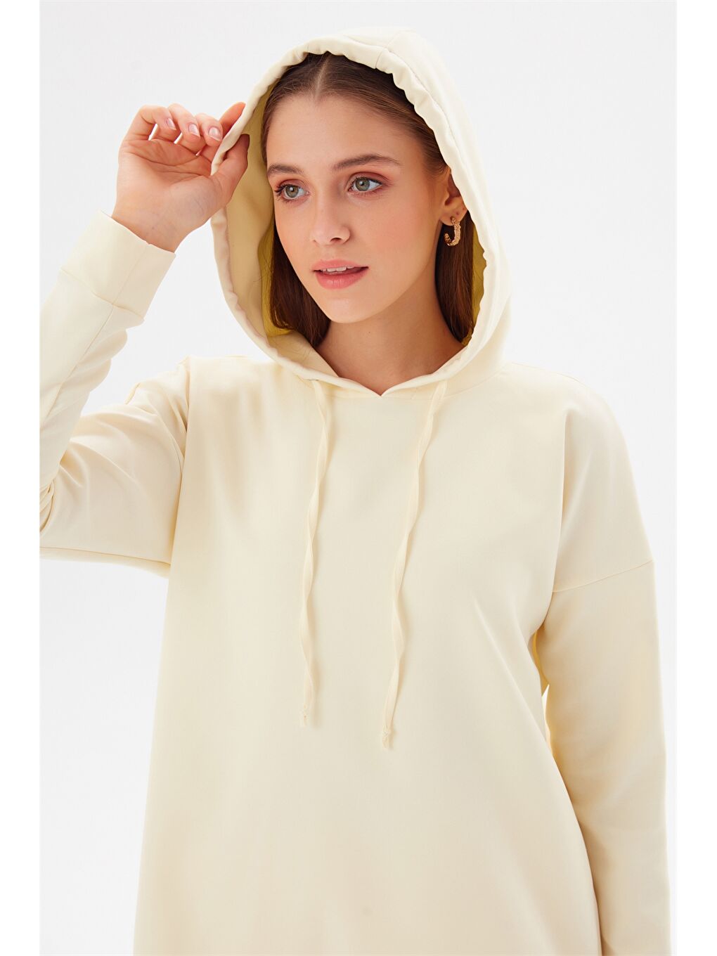 Ekru Kapüşonlu Düz Uzun Kollu Kadın Sweatshirt ve Eşofman Altı Takım-4