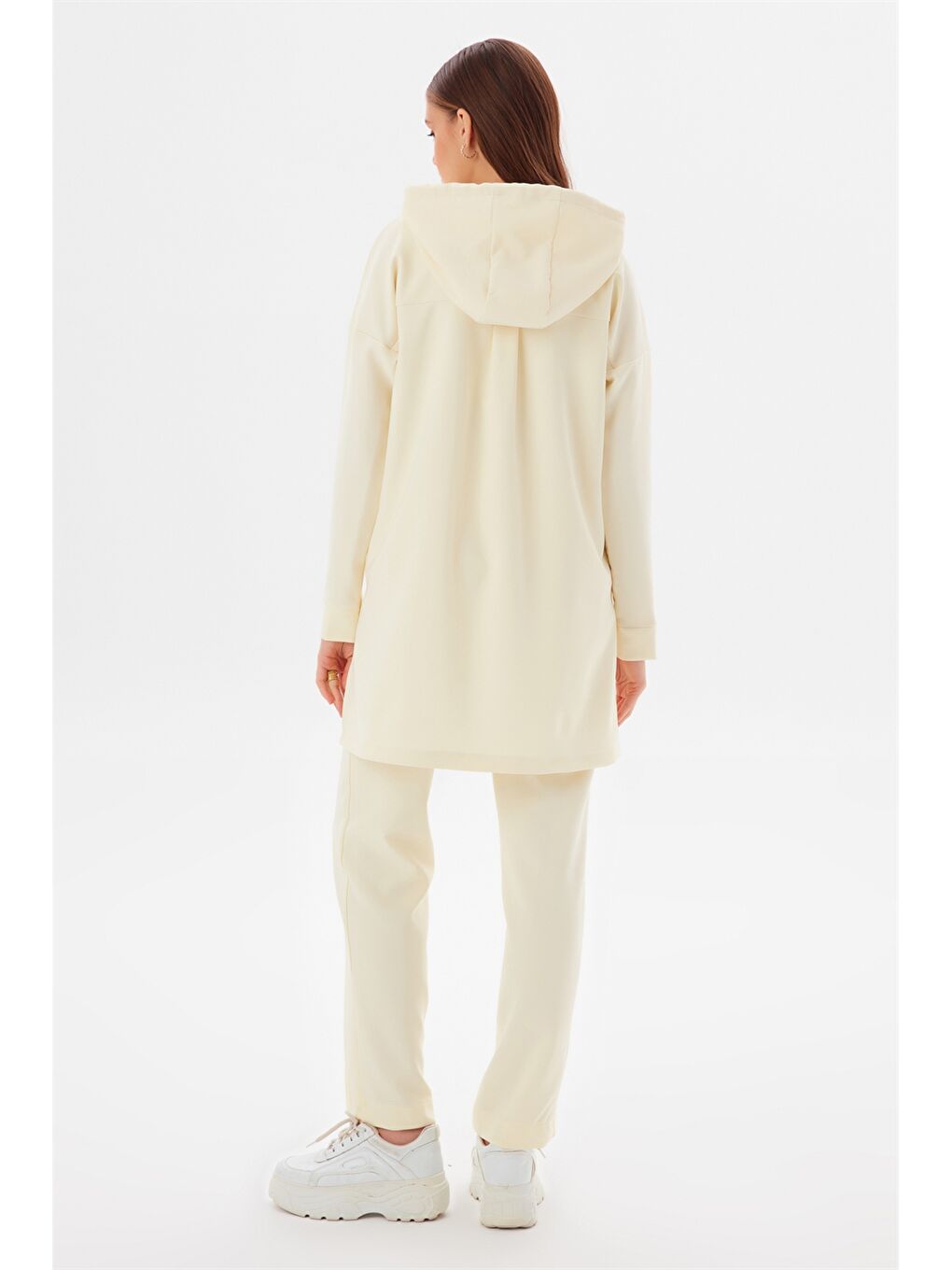 Ekru Kapüşonlu Düz Uzun Kollu Kadın Sweatshirt ve Eşofman Altı Takım-5