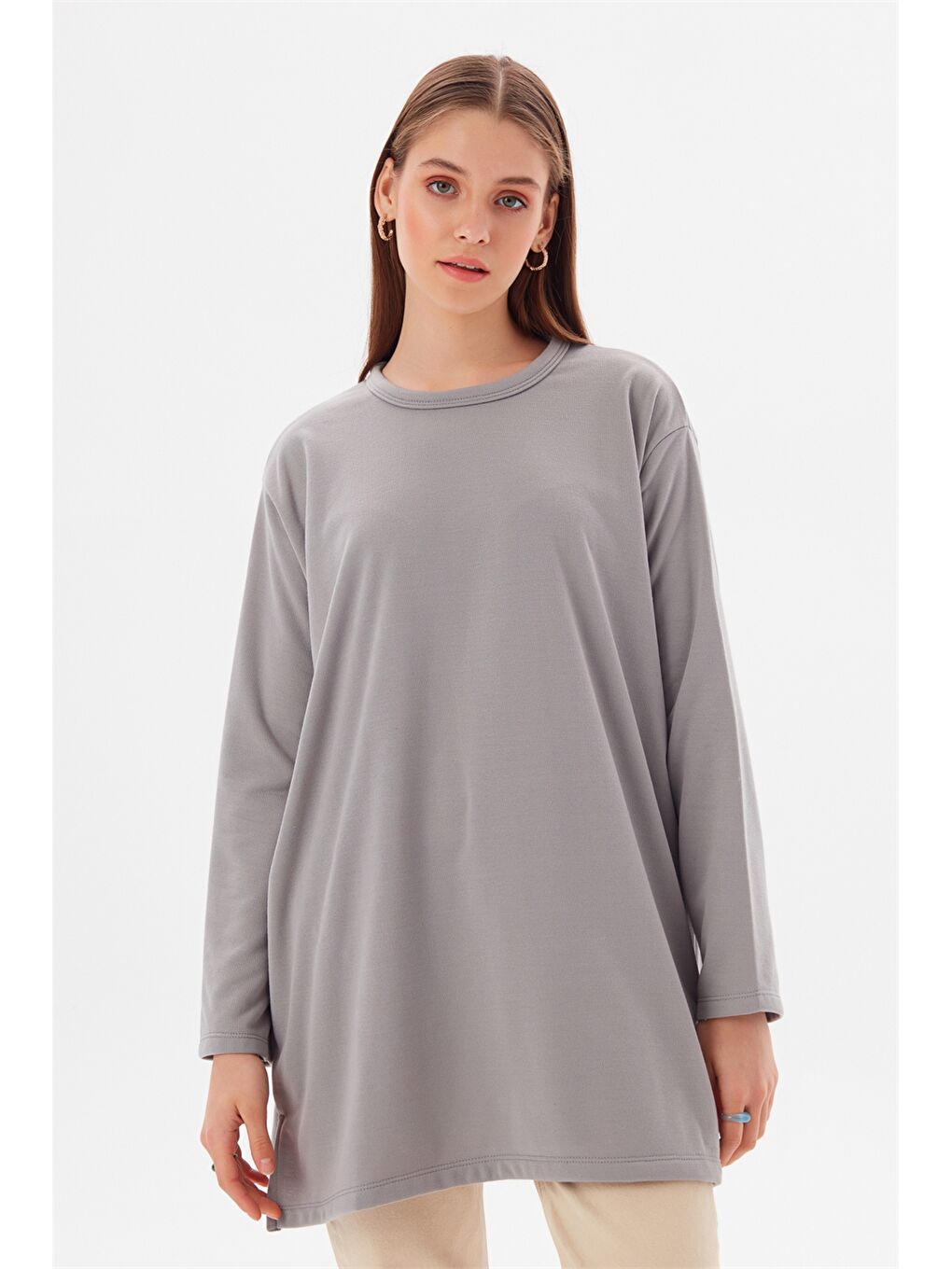 Gri Bisiklet Yaka Düz Uzun Kollu Oversize Kadın Tunik