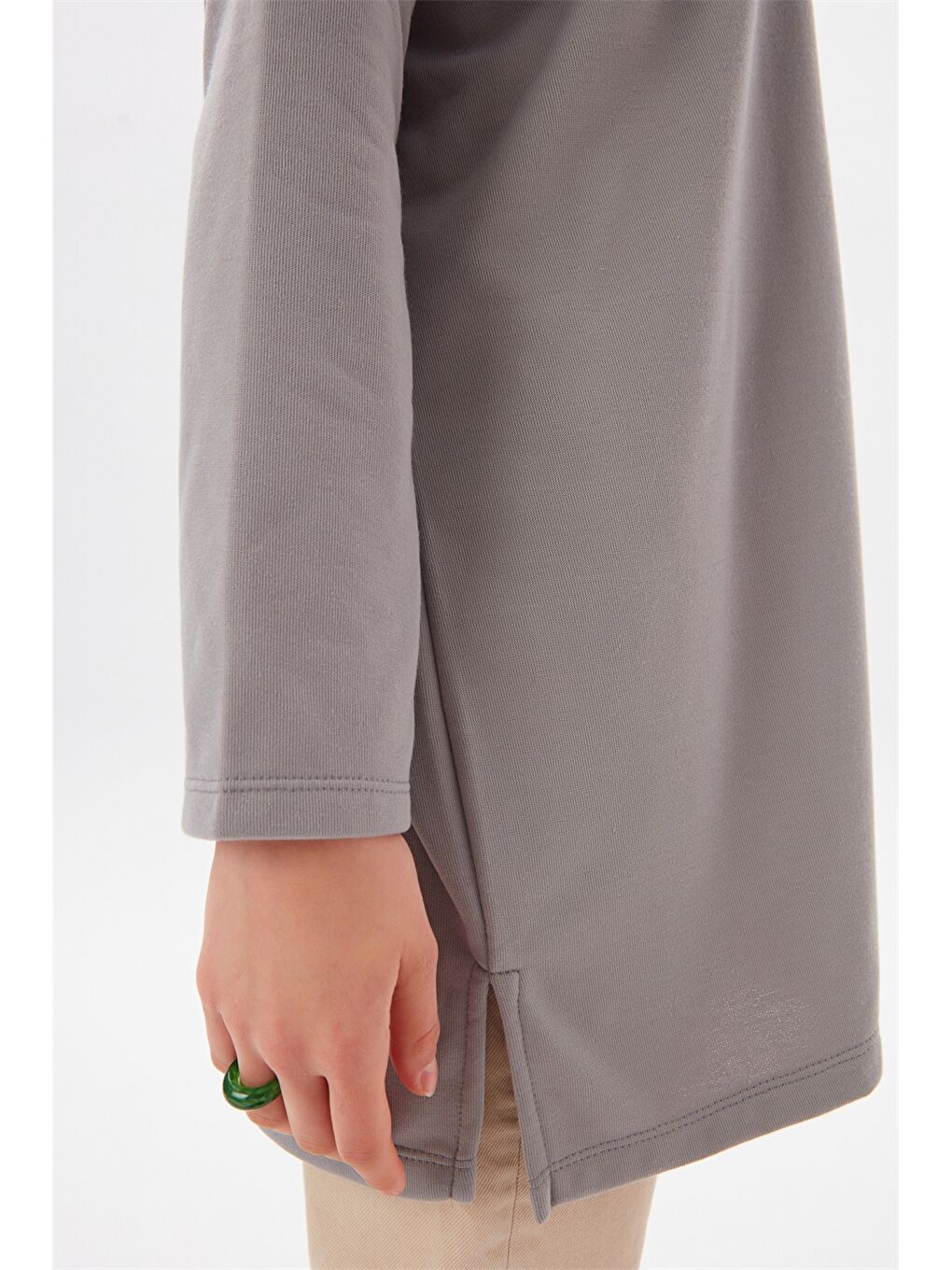 Gri Bisiklet Yaka Düz Uzun Kollu Oversize Kadın Tunik-2