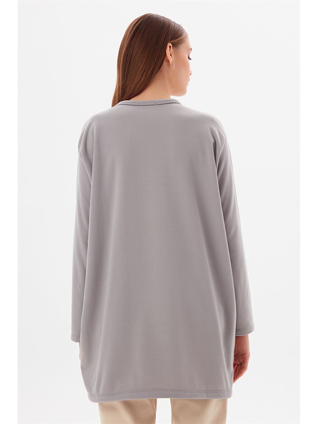 Gri Bisiklet Yaka Düz Uzun Kollu Oversize Kadın Tunik-3