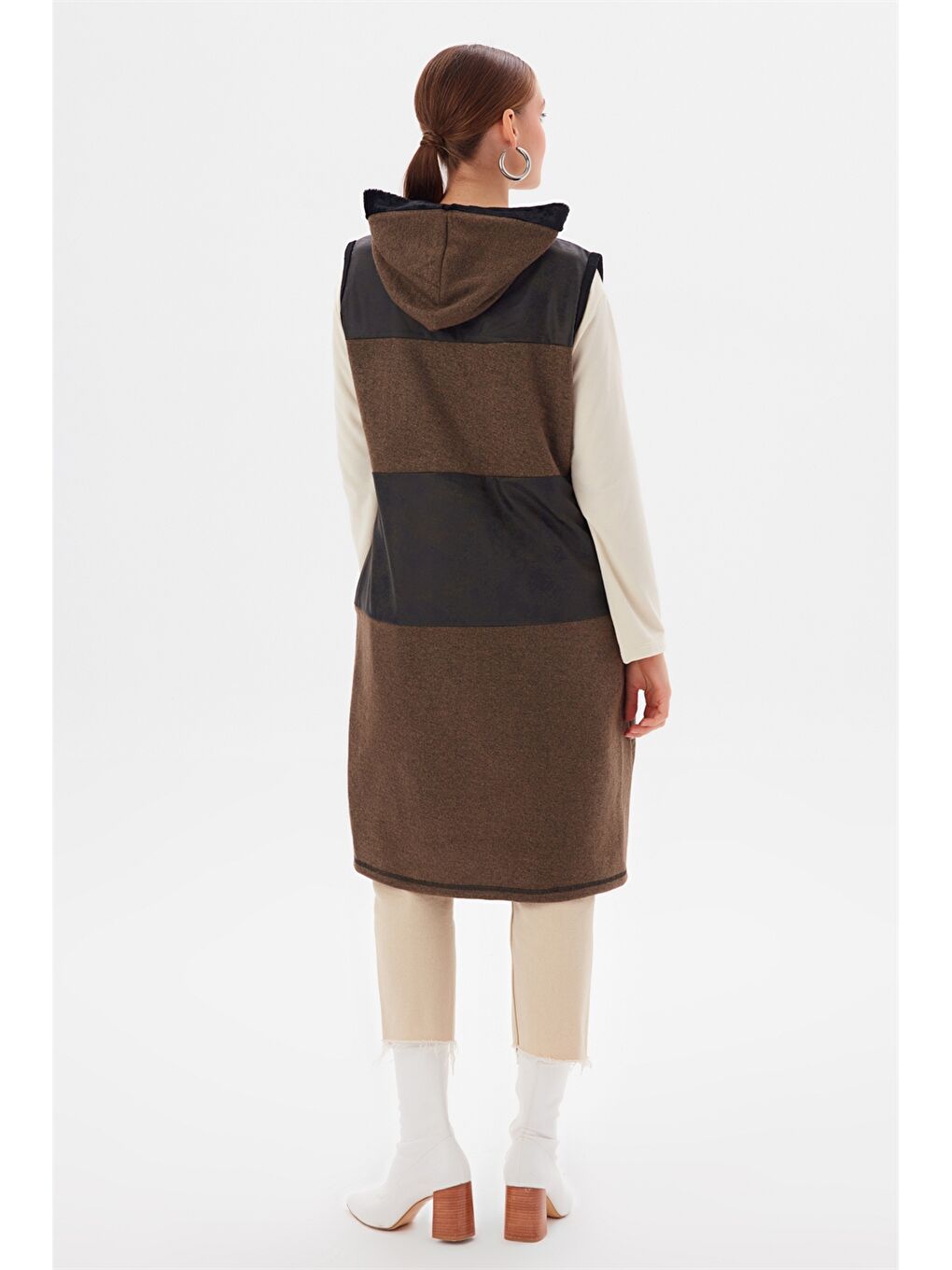 Kahverengi Kapüşonlu Renk Bloklu Kadın Yelek-2