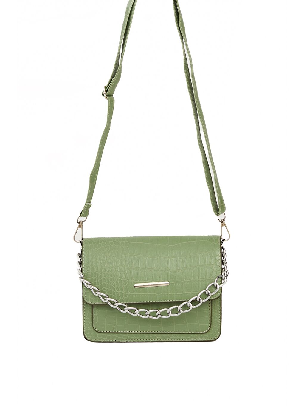 Yeşil Deri Görünümlü Kroko Desenli Kadın Çapraz Çanta
