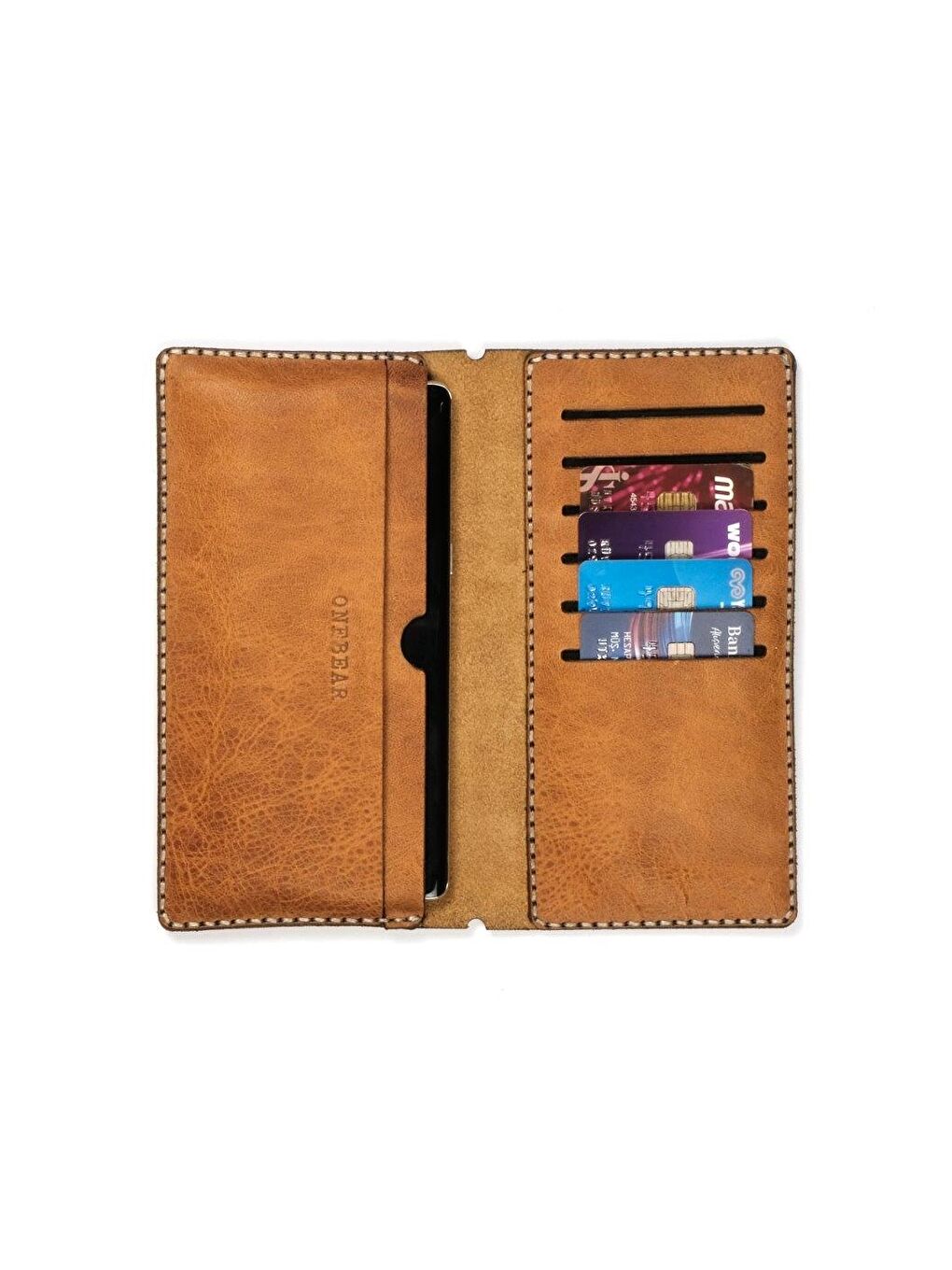 Ekru Hakiki Deri Telefon Bölmeli Cüzdan-1