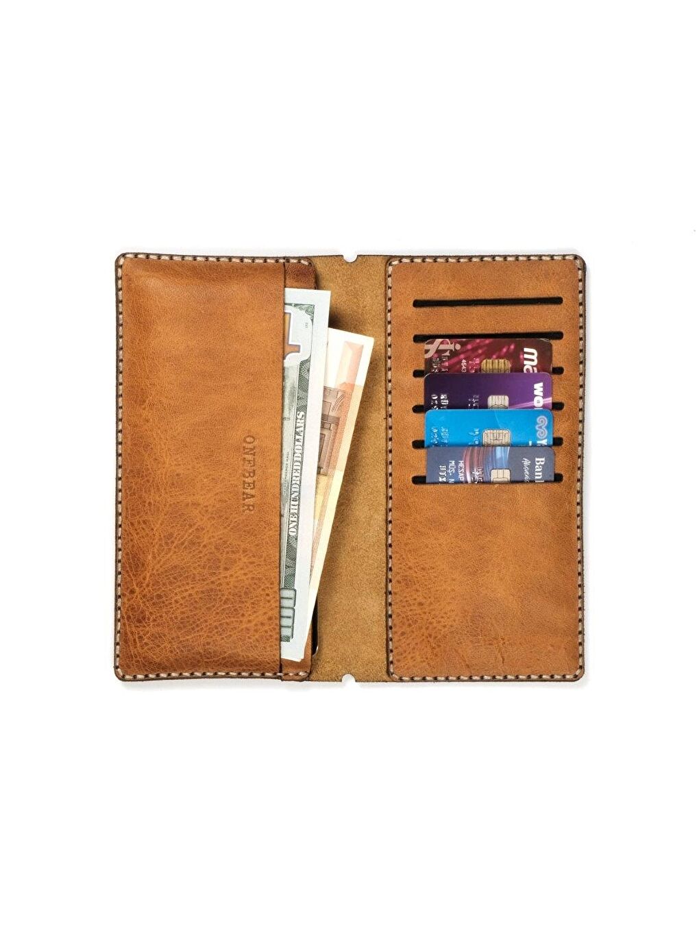 Ekru Hakiki Deri Telefon Bölmeli Cüzdan-2