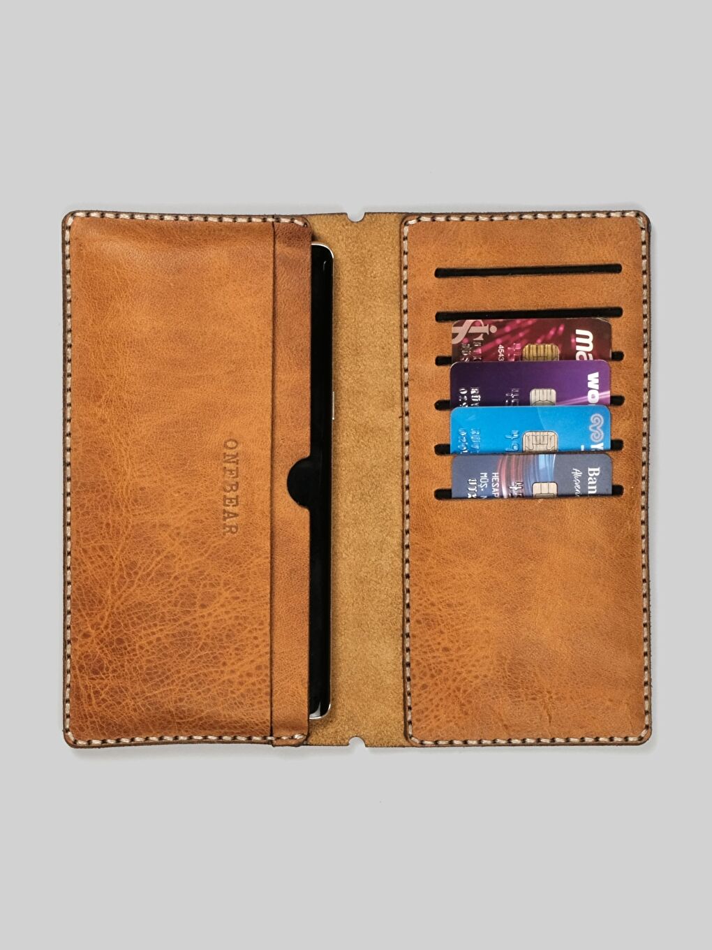 Ekru Hakiki Deri Telefon Bölmeli Cüzdan-4