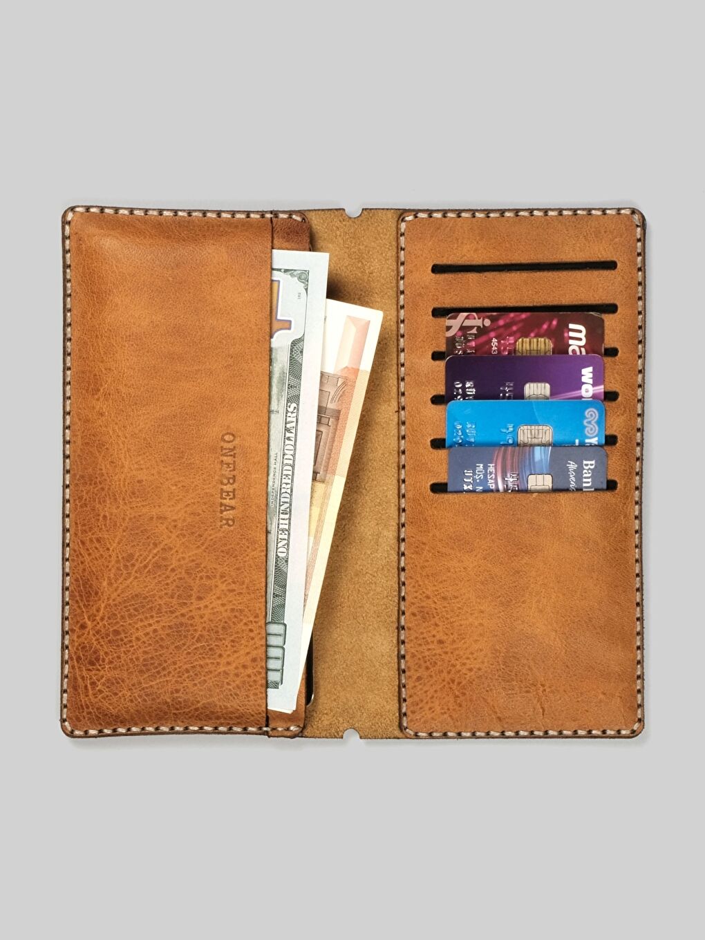 Ekru Hakiki Deri Telefon Bölmeli Cüzdan-5