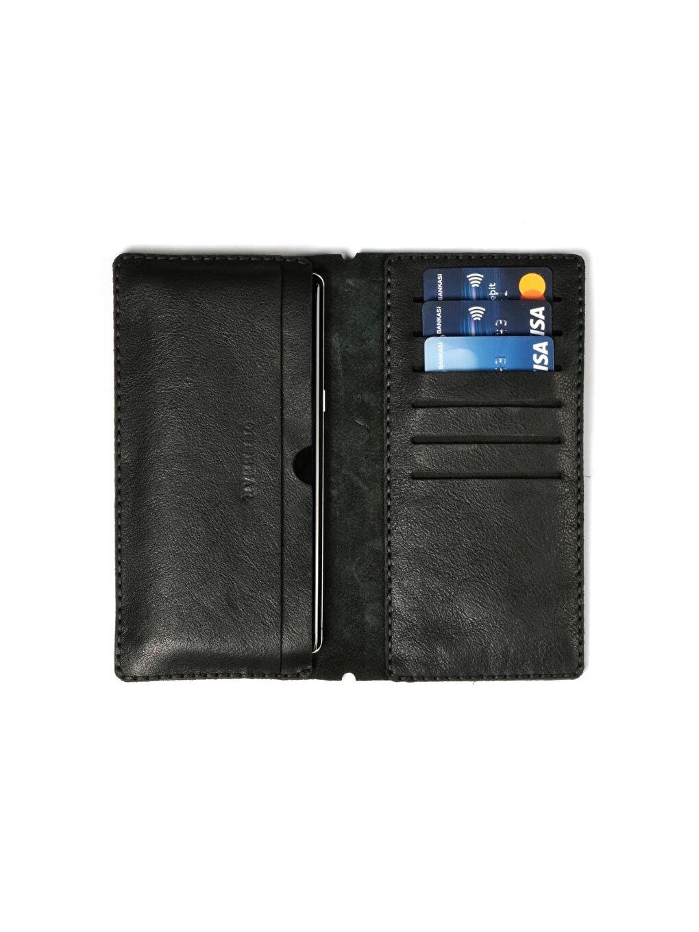 Siyah Hakiki Deri Telefon Bölmeli Cüzdan-1