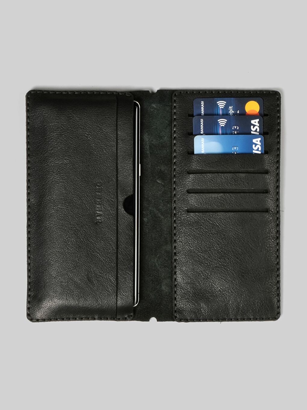 Siyah Hakiki Deri Telefon Bölmeli Cüzdan-3