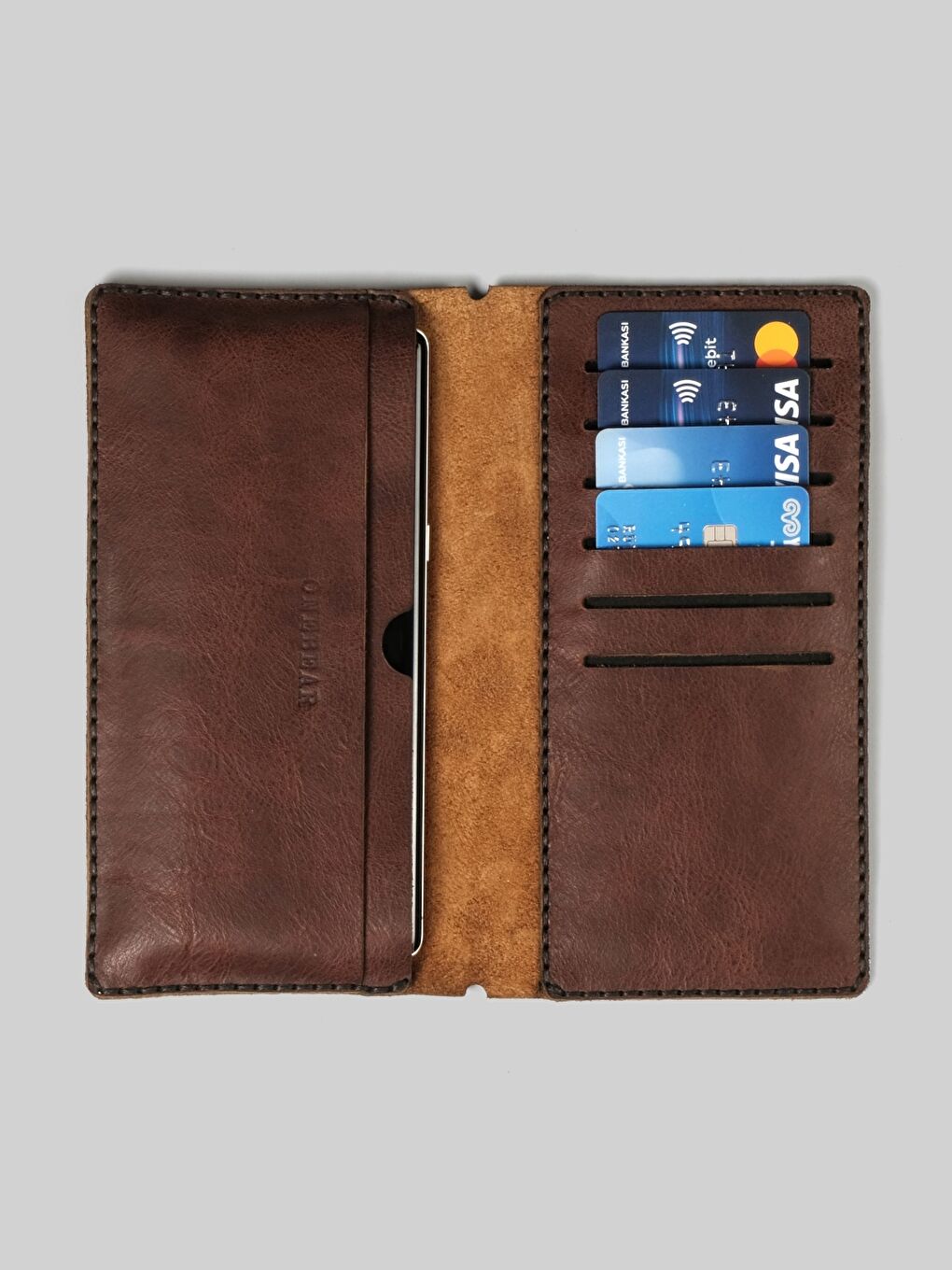 Kahverengi Hakiki Deri Telefon Bölmeli Cüzdan-3