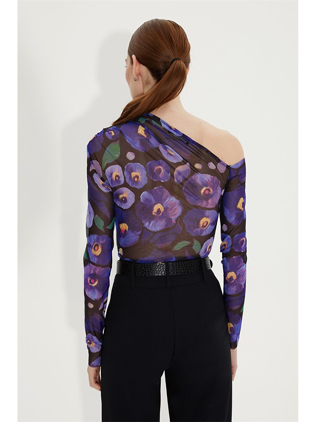 Mor Kayık Yaka Çiçekli Uzun Kollu Kadın Bodysuit-2